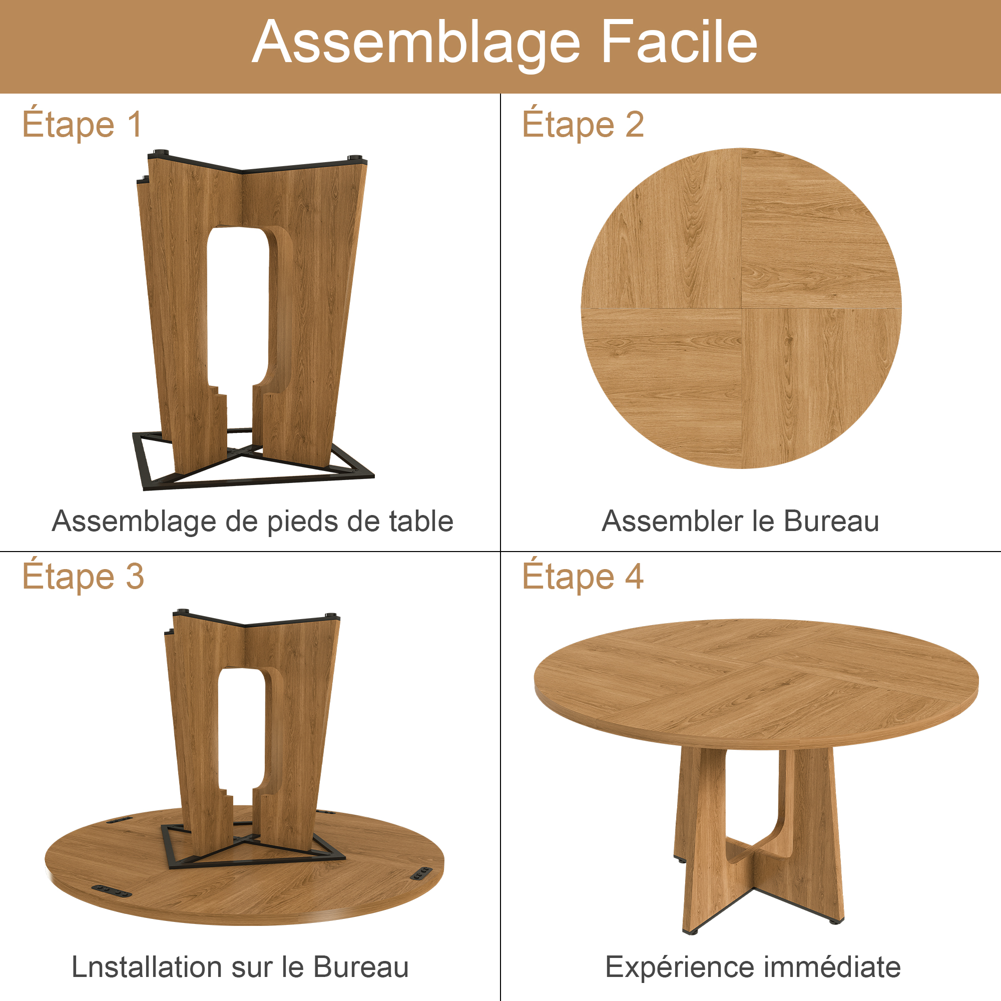 Table à manger ronde Ø120 x H76 cm pour 4 à 6 personnes, MDF, Effet chêne - dimensions et détails
