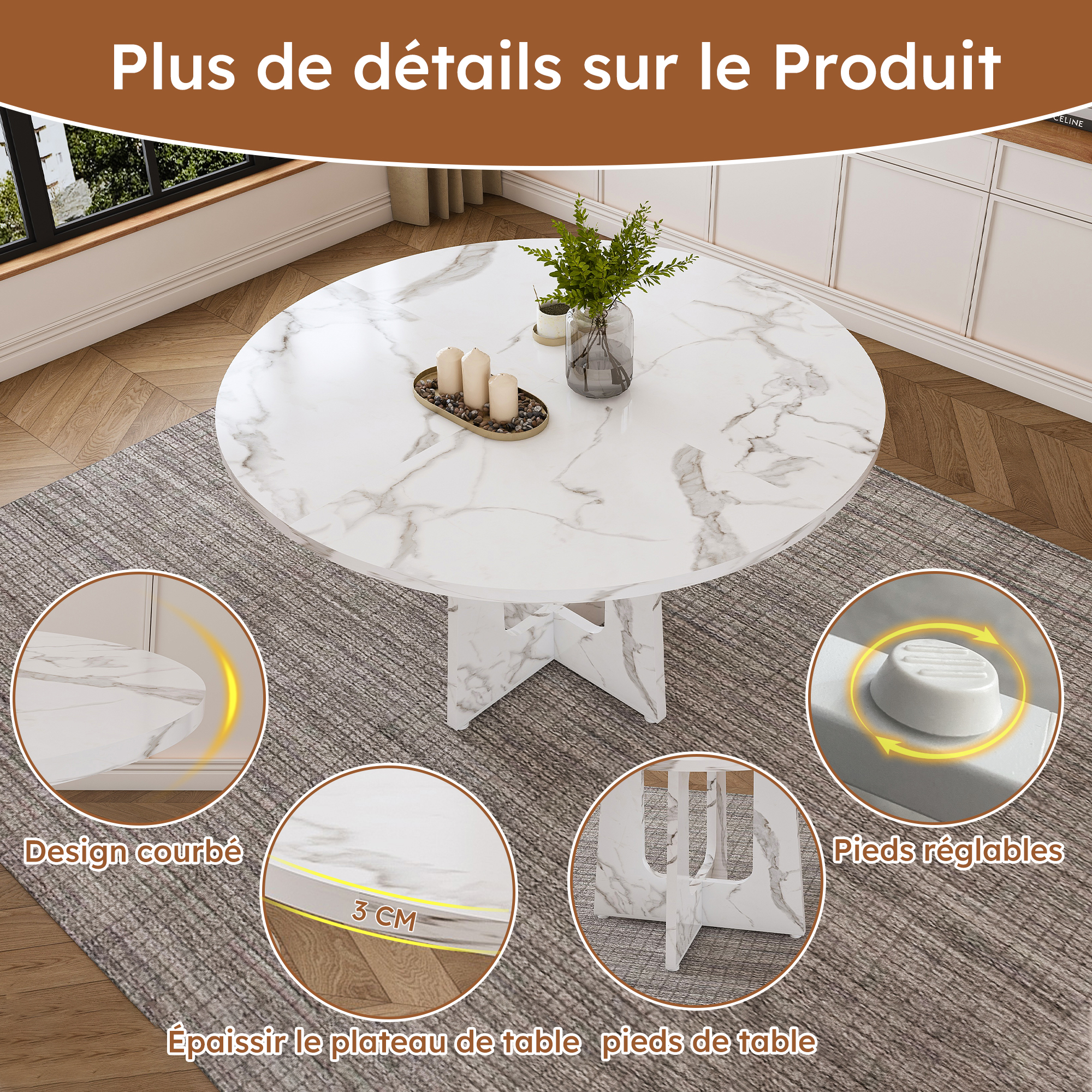 Table à manger ronde Ø120 x H76 cm pour 4 à 6 personnes, MDF, Blanc - dimensions et détails
