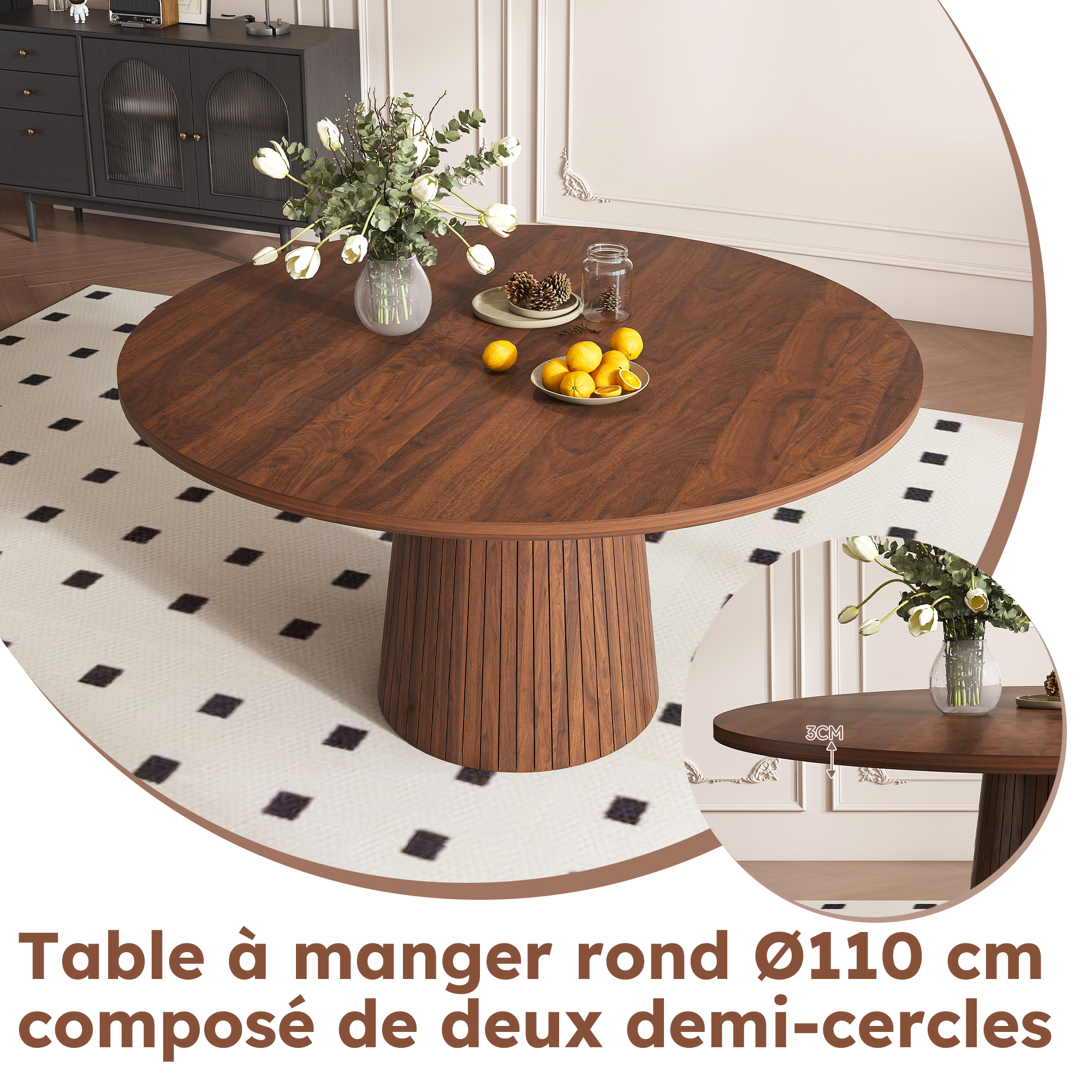 Table à manger ronde Ø110 x H75 cm pour 4 personnes, piètement colonne, MDF, Effet noyer - vue principale