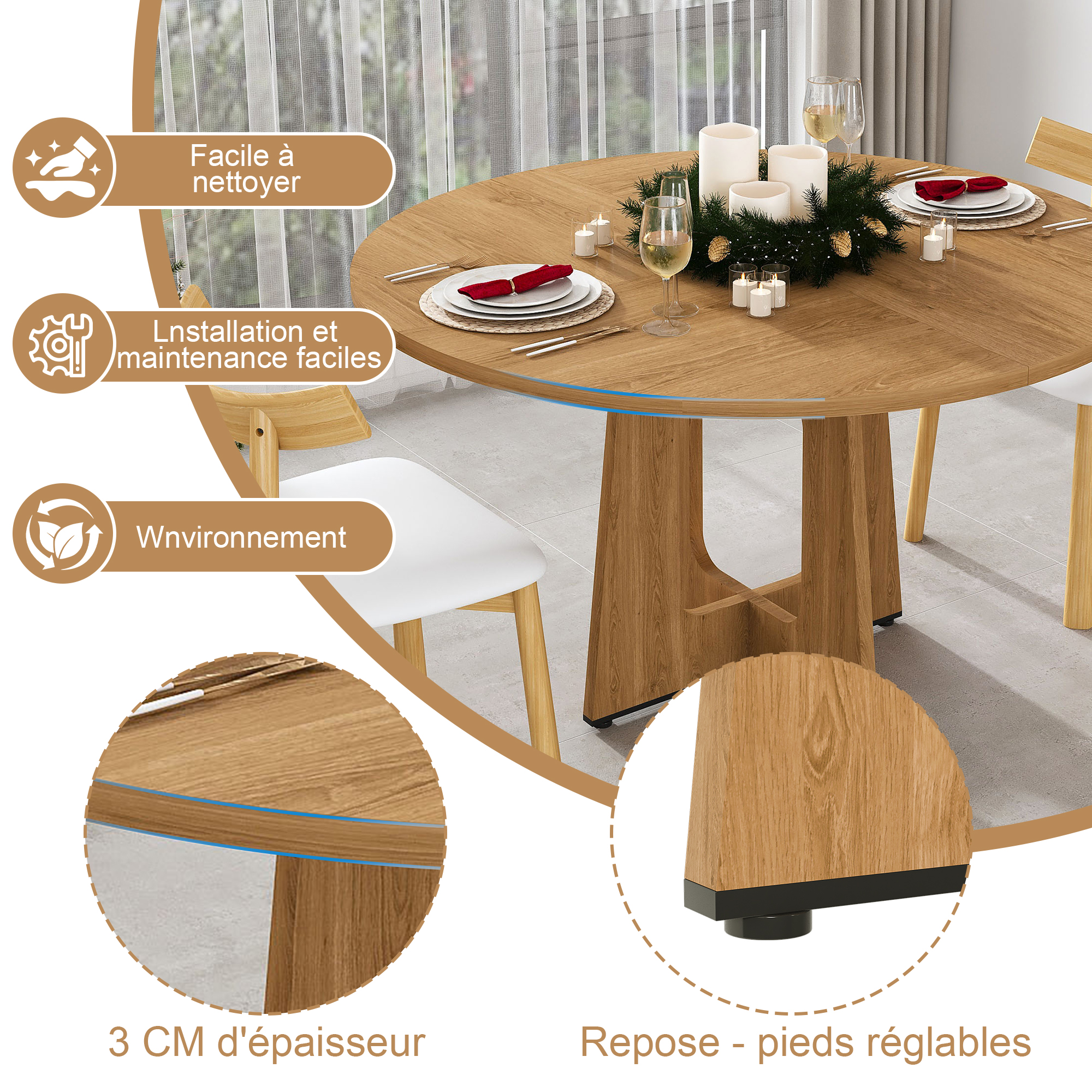Table à manger ronde Ø120 x H76 cm pour 4 à 6 personnes, MDF, Effet chêne - vue complémentaire