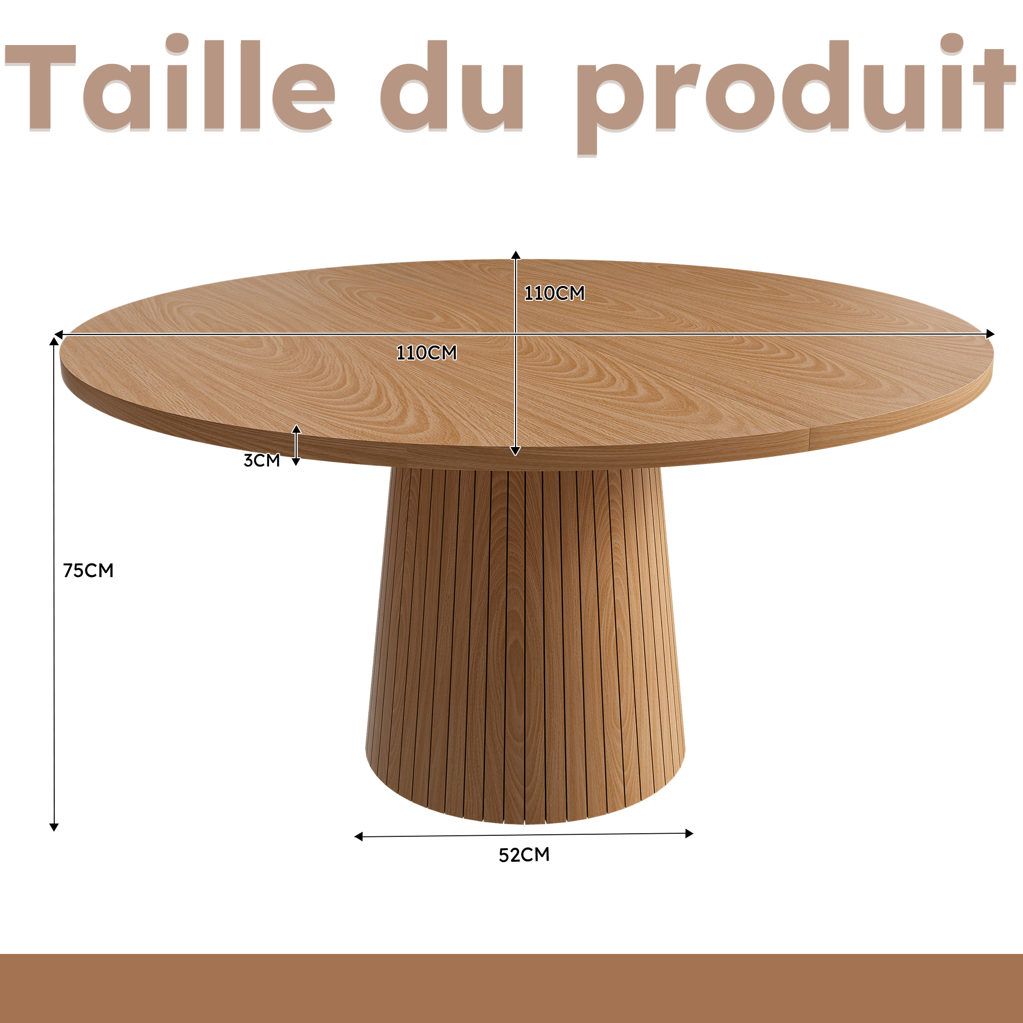 Table à manger ronde Ø110 cm pour 4 personnes, plateau MDF plaqué chêne - vue 5