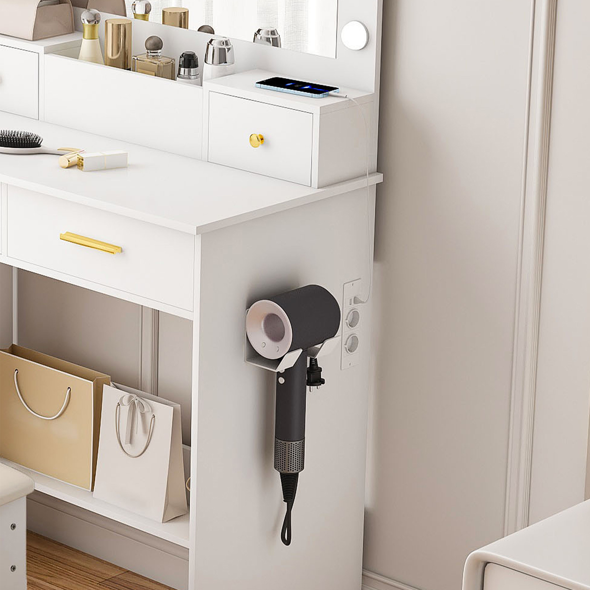 Coiffeuse avec éclairage LED professionnel 3 températures de couleur, prise intégrée et support pour sèche-cheveux, 4 tiroirs + panier ouvert, miroir 45×60 cm, pour coiffure et maquillage, design élégant - image 9