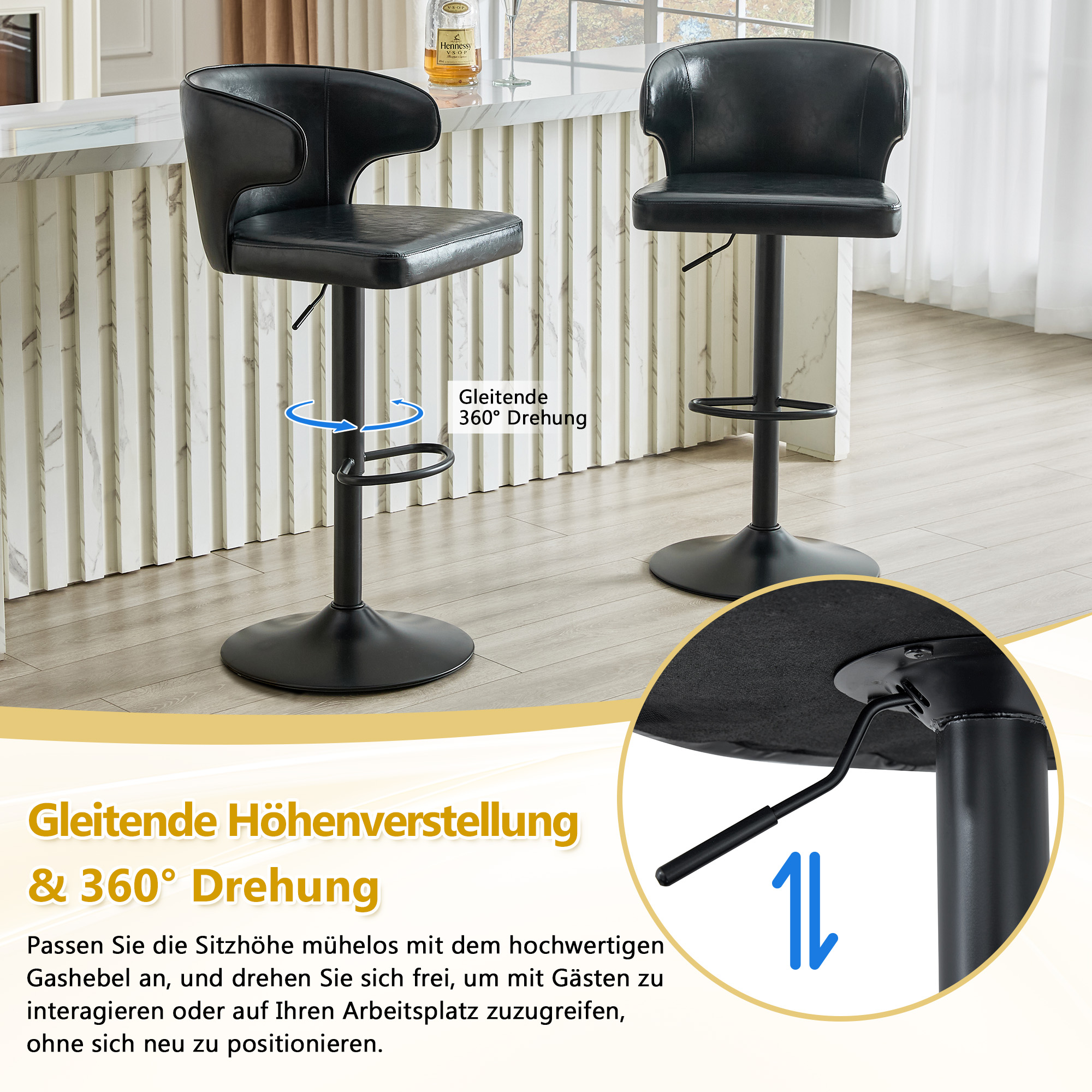Tabouret de bar, lot de 2, rotation à 360°, hauteur réglable, 49,7 x 45 x 110 cm, PU, noir - vue 5