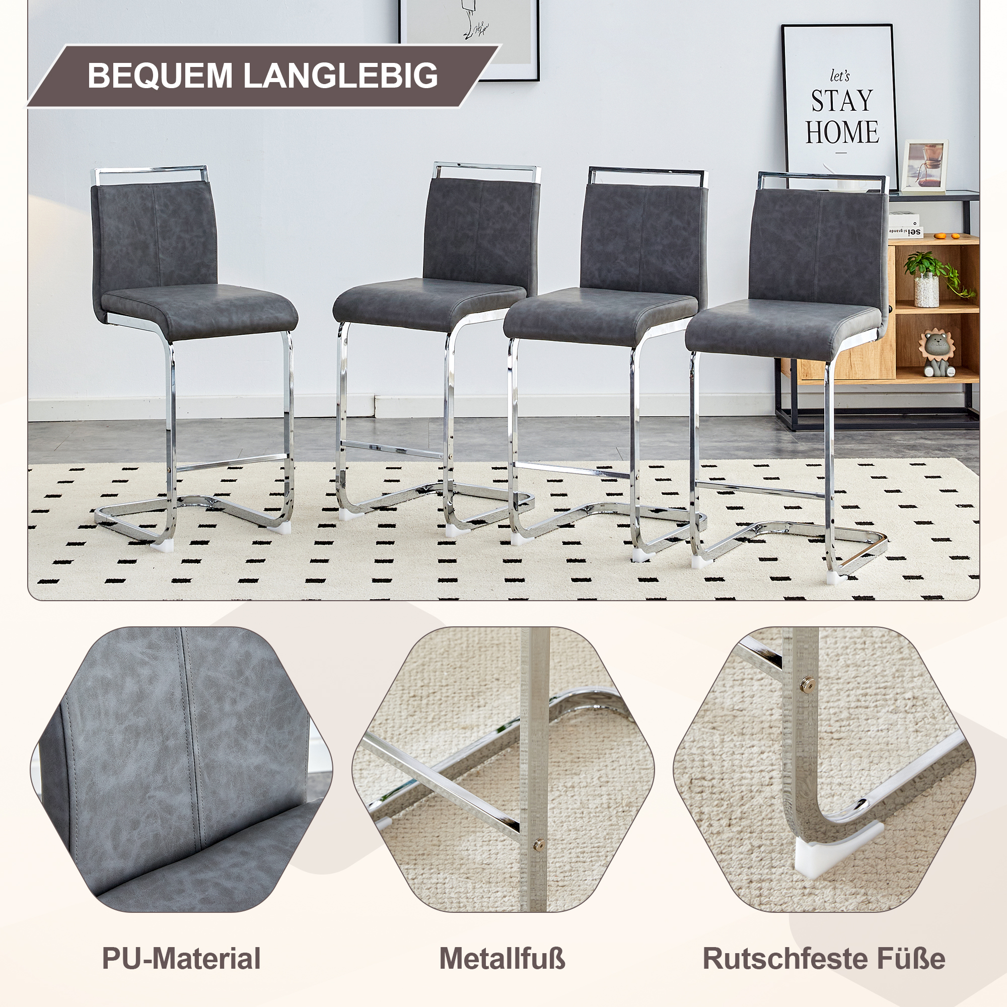 Tabouret de bar avec pieds métal argent, PU, hauteur totale 96.5 cm, assise 63.5 cm, repose-pieds, pour bar et cuisine, design unique, confort assise, facile entretien, style moderne, stabilité - image 2