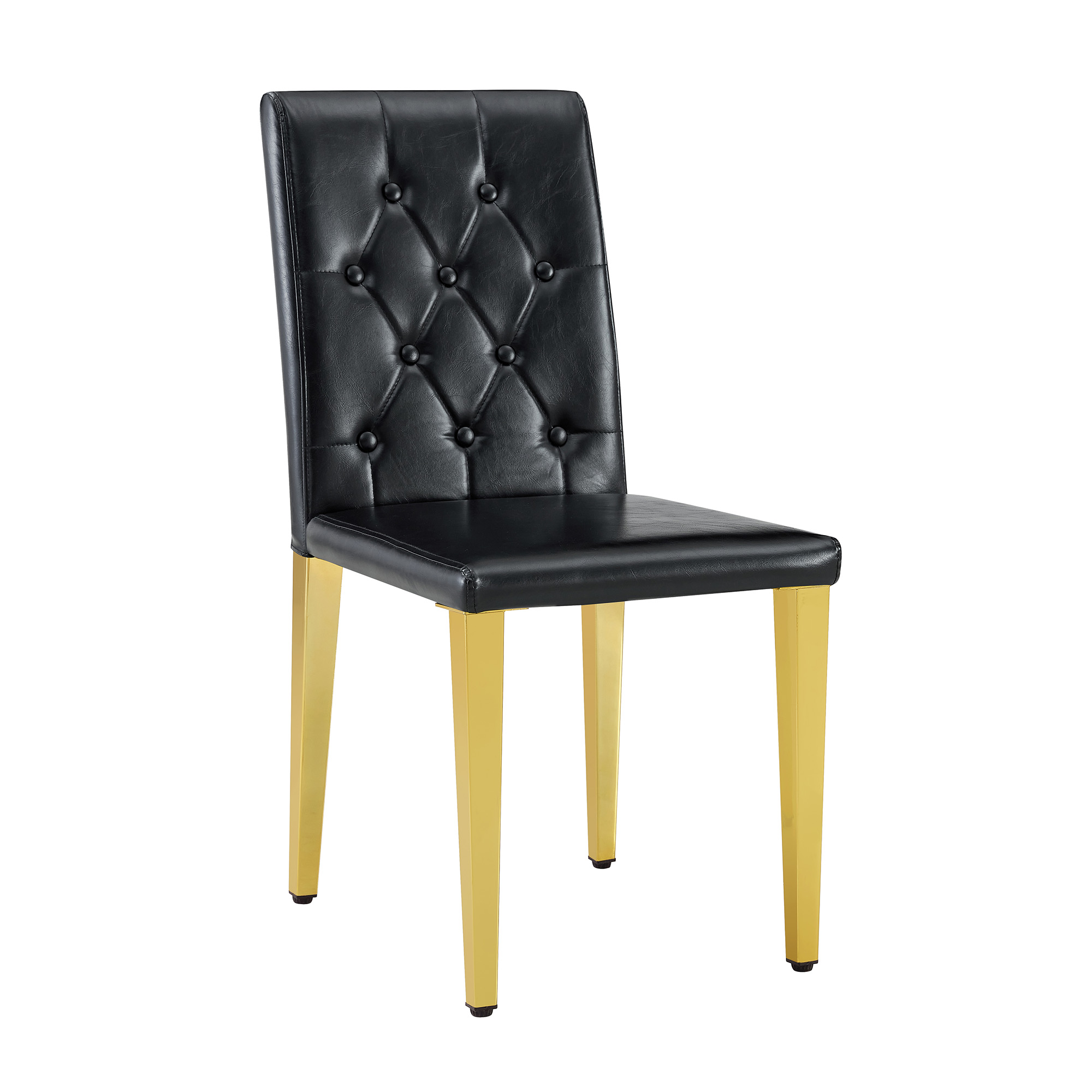 Chaise de salle à manger PU noir avec dossier losange capitonné, mousse 5 cm, assise 42×43 cm, pieds métal doré brillant, pour salle à manger, design européen classique, confort durable, style luxueux, stabilité - image 16