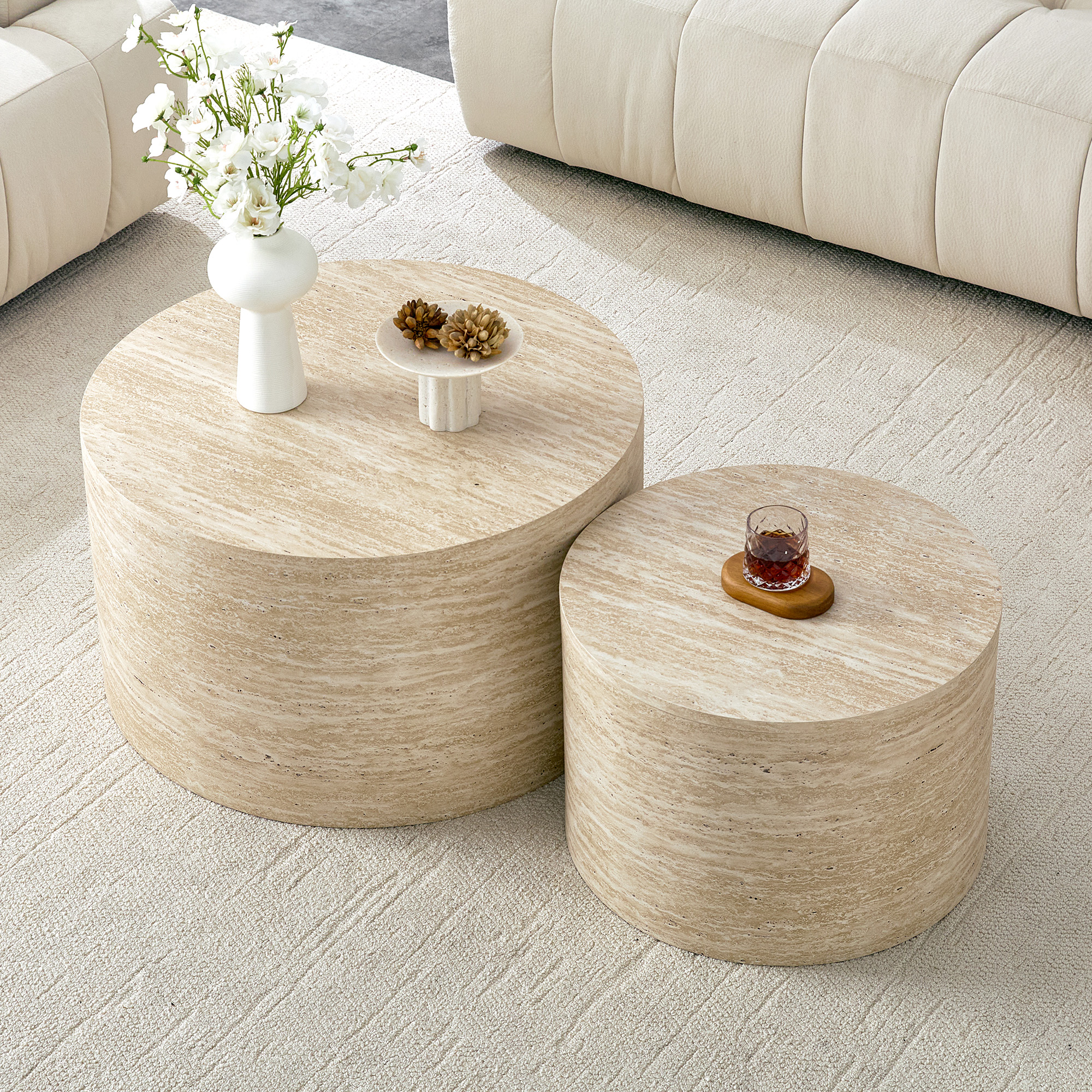 Lot de 2 tables basses gigognes, tables d’appoint Ø 62,8 cm, MDF, Effet bois naturel