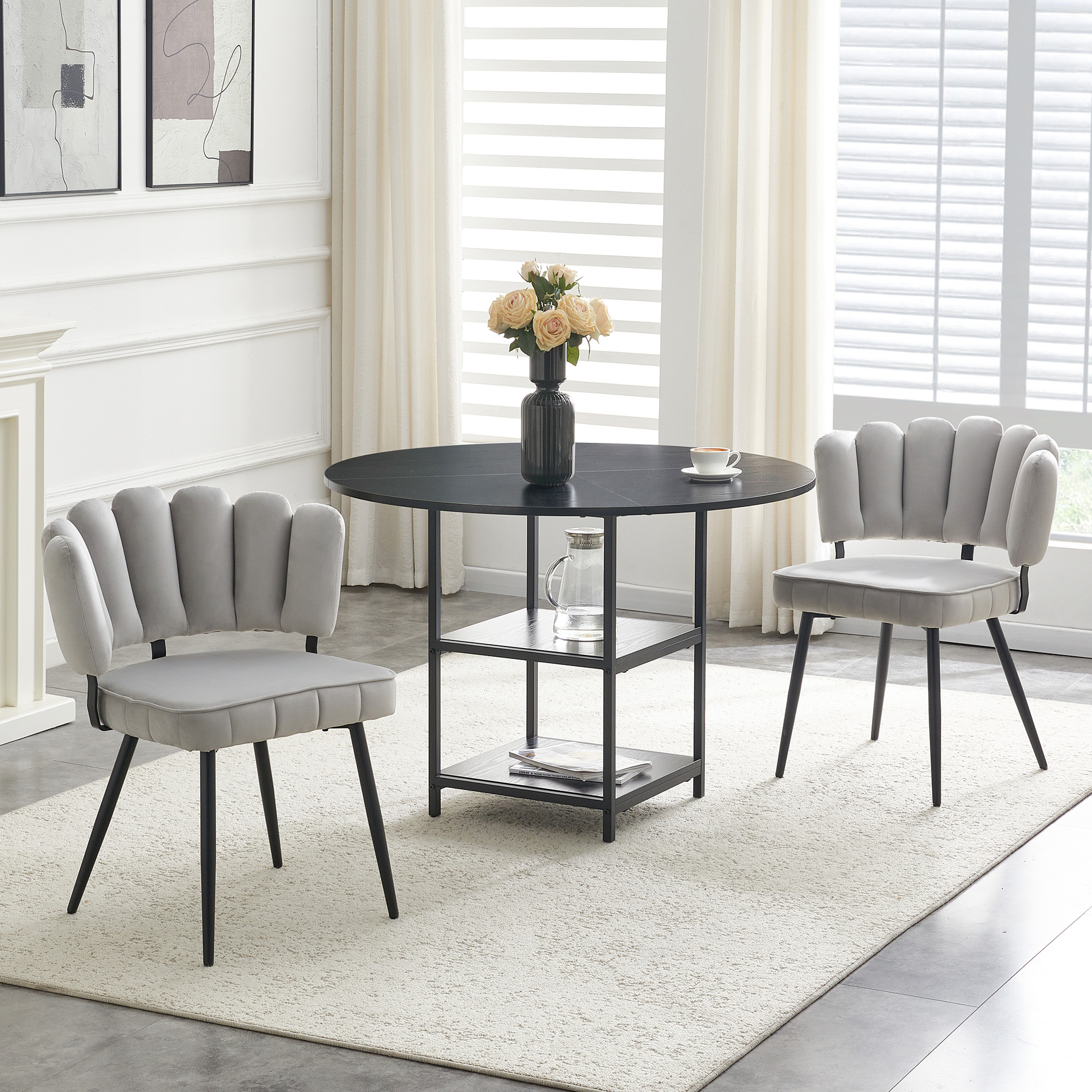 Ensemble table et chaises, 3 pièces, 1 table + 2 chaises, rangement intégré, tissu et métal, gris clair - vue 1