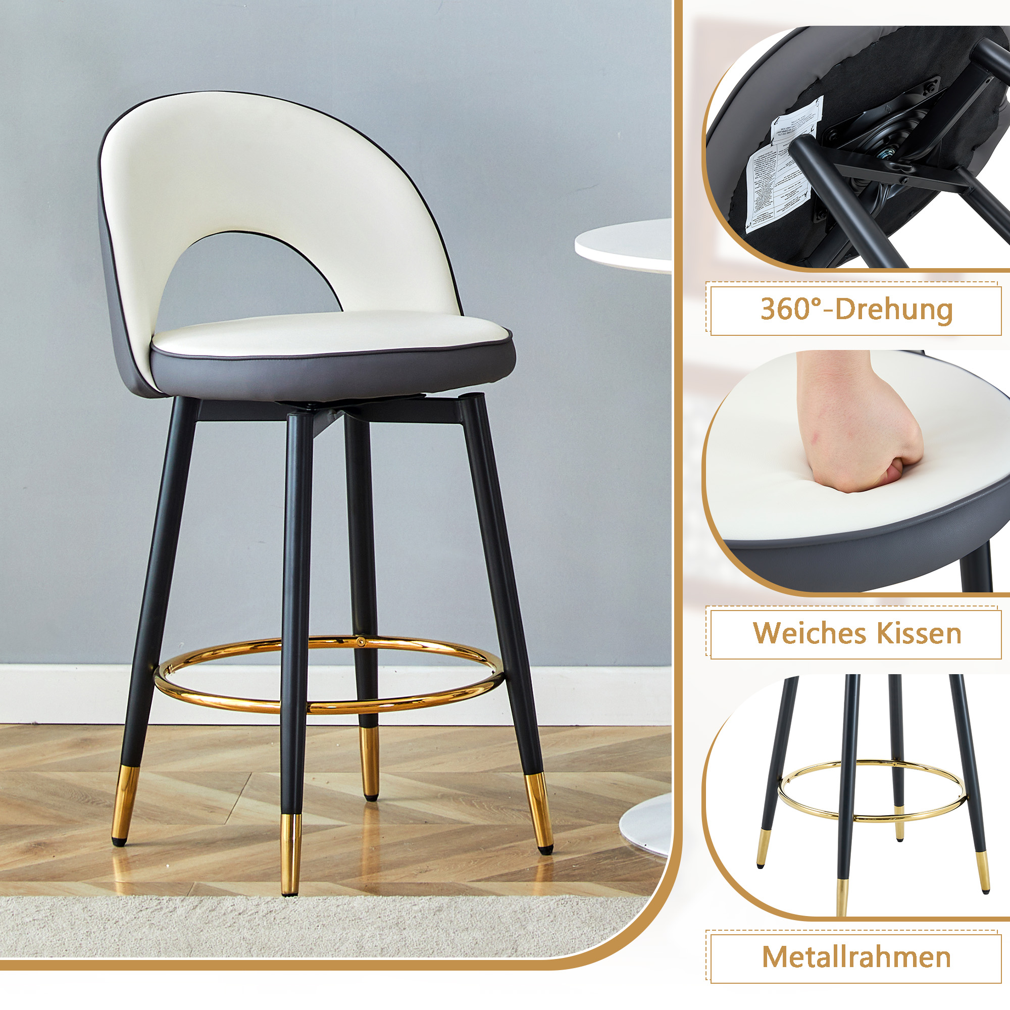 Tabouret de bar, lot de 2, assise rembourrée, rotation à 360°, 44 x 44 x 91,5 cm, similicuir et métal, gris foncé - vue 7