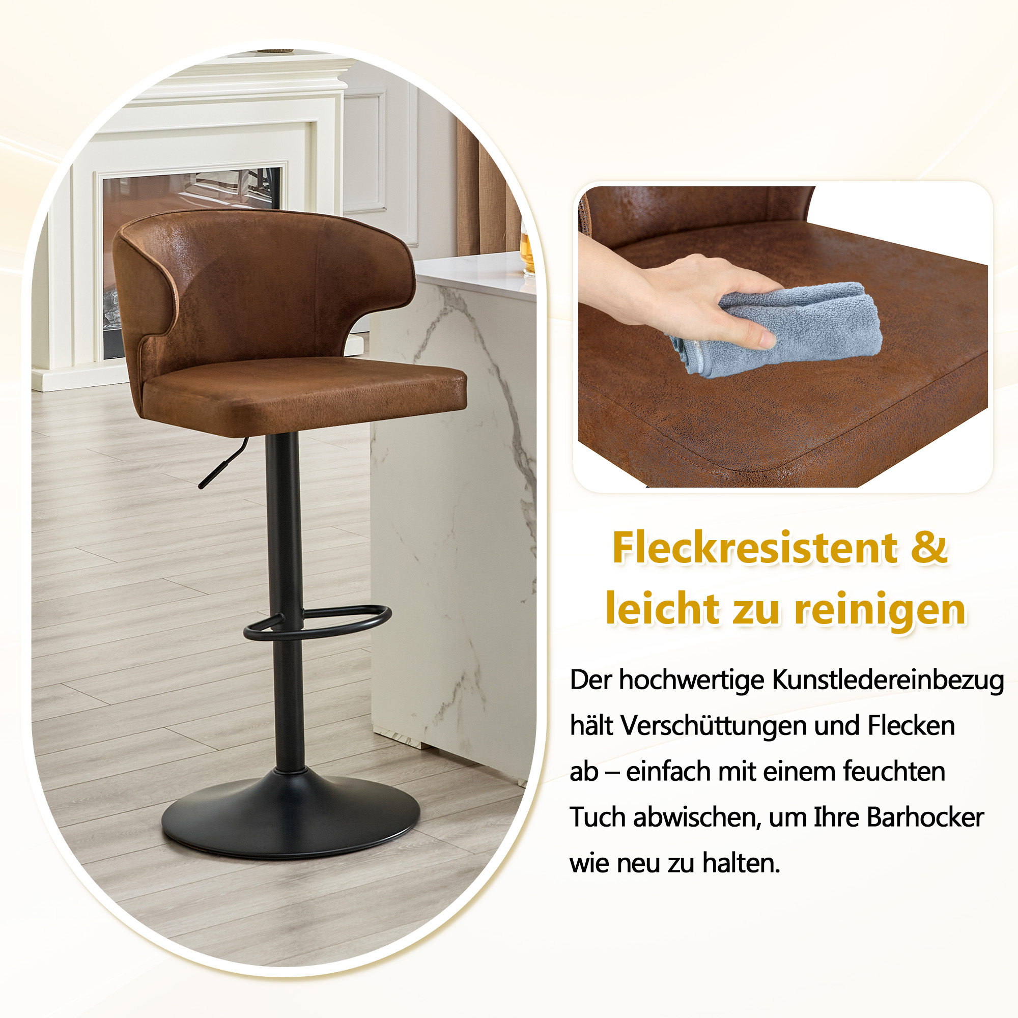 Tabouret de bar, lot de 2, rotation à 360°, hauteur réglable, 49,7 x 45 x 110 cm, tissu, marron - vue 8