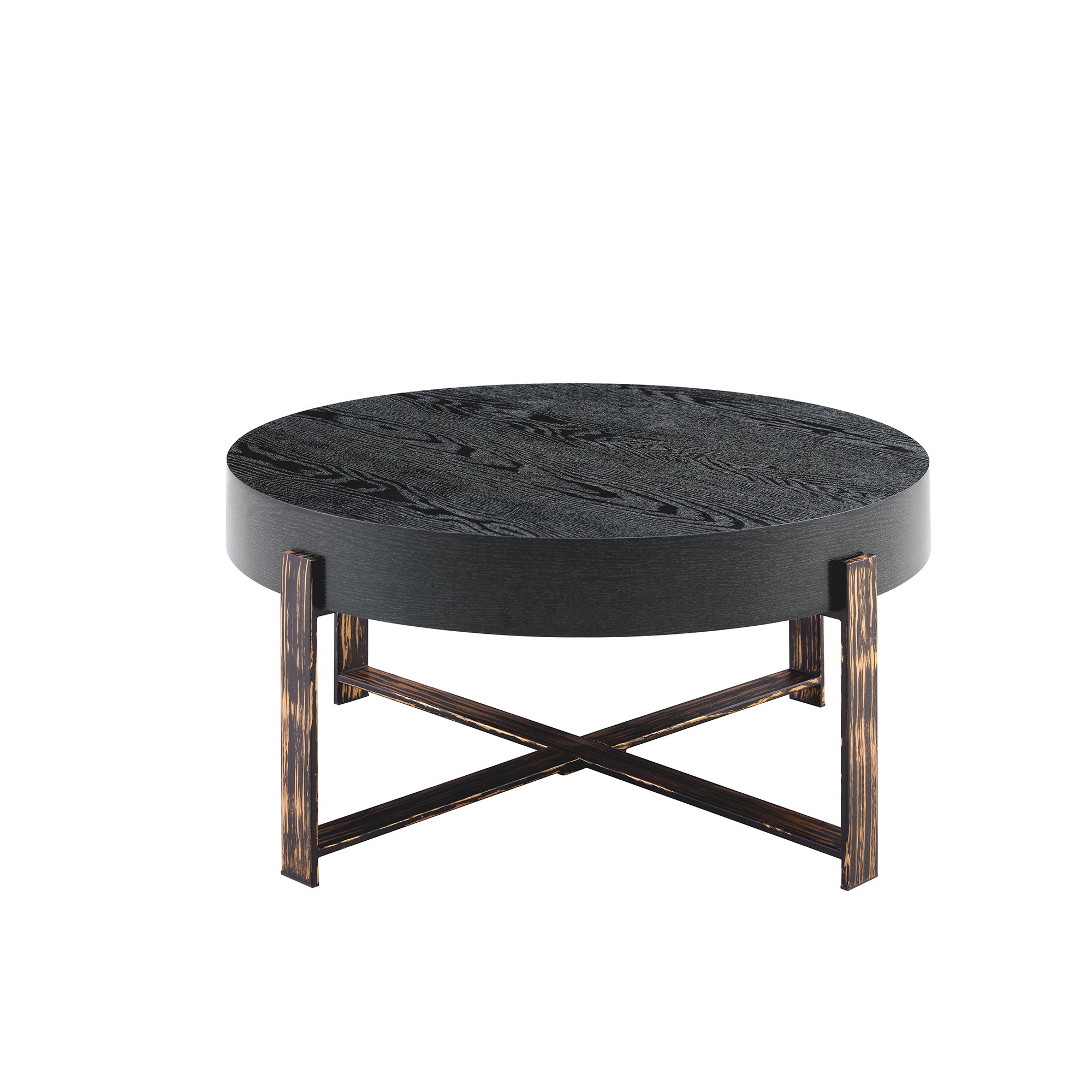 Table basse ronde Ø68 cm, MDF 10 cm imitation bois noir, pieds métal croix bronze antique, hauteur 36 cm, pour salon, design vintage industriel, stabilité, style élégant, facile entretien, décoration - image 13
