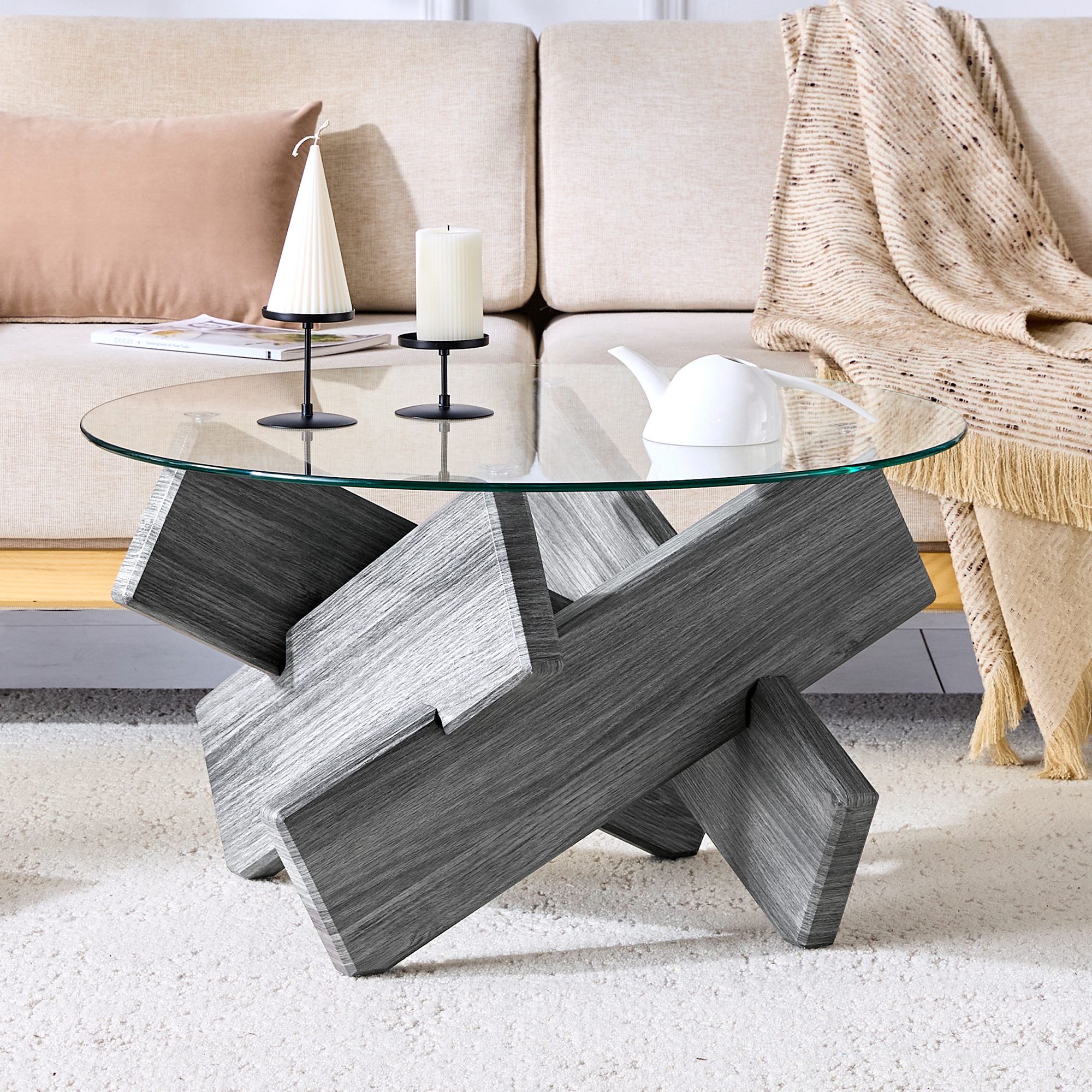 Table basse avec plateau verre 0.8 cm, pieds MDF gris texturé, support croix créatif, pour salon, design transparent artistique, stabilité, style moderne, décoration, facile entretien, élégance - image 10