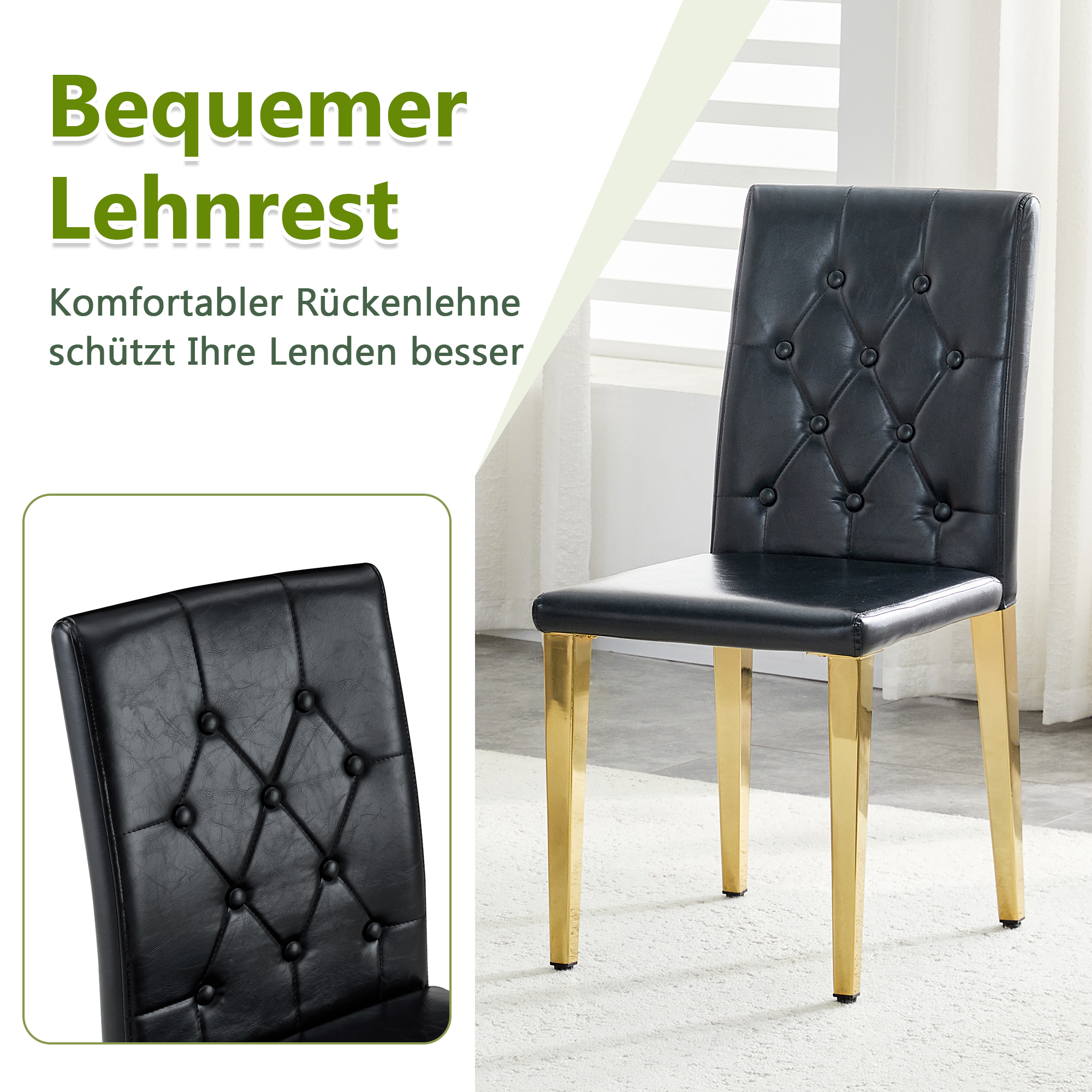 Chaise de salle à manger PU noir avec dossier losange capitonné, mousse 5 cm, assise 42×43 cm, pieds métal doré brillant, pour salle à manger, design européen classique, confort durable, style luxueux, stabilité - image 4