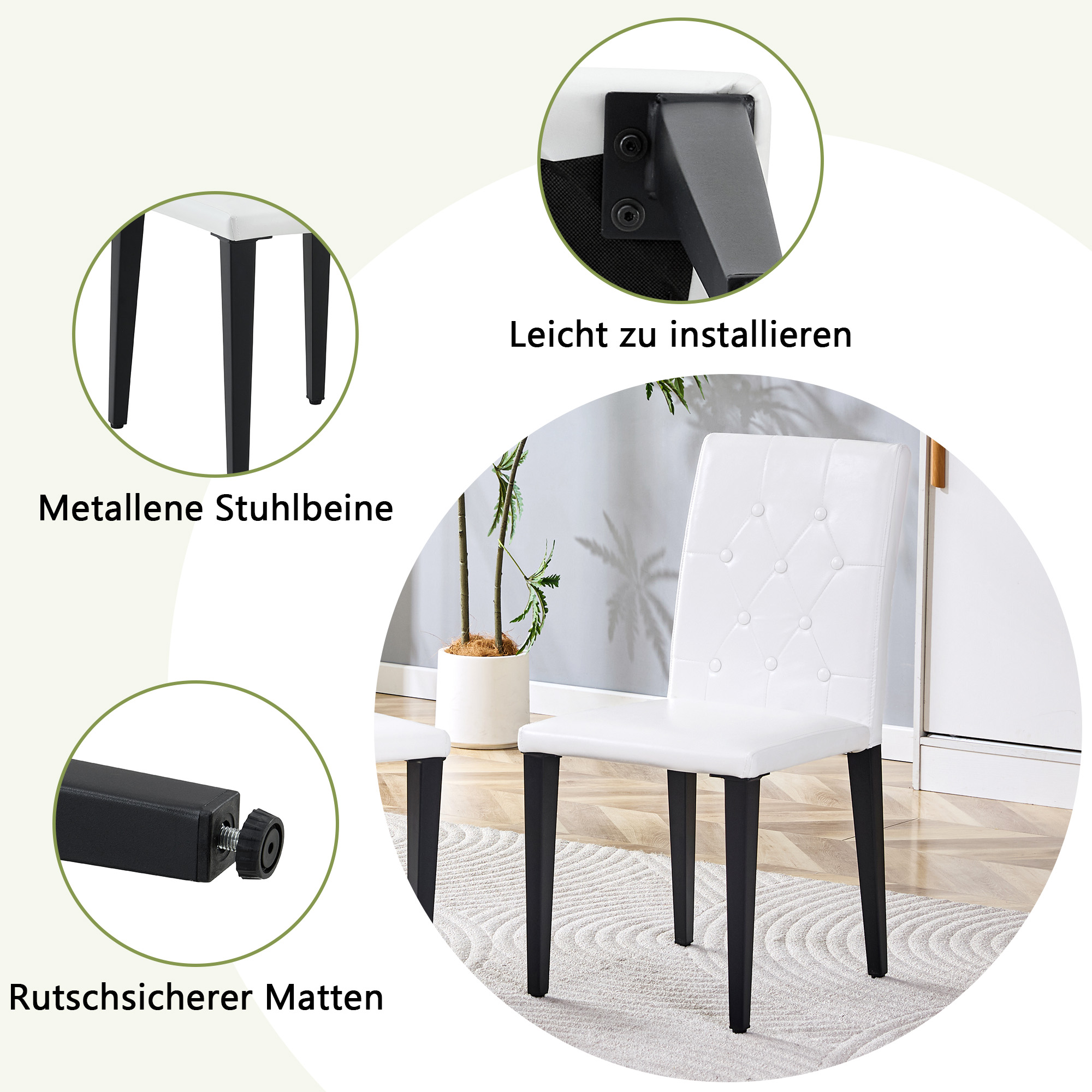 Chaise de salle à manger PU blanc, mousse 5 cm, dossier losange capitonné, pieds métal noir mat, assise 42×43 cm, pour salle à manger, design européen classique, confort durable, style luxueux, stabilité, facile entretien - image 7