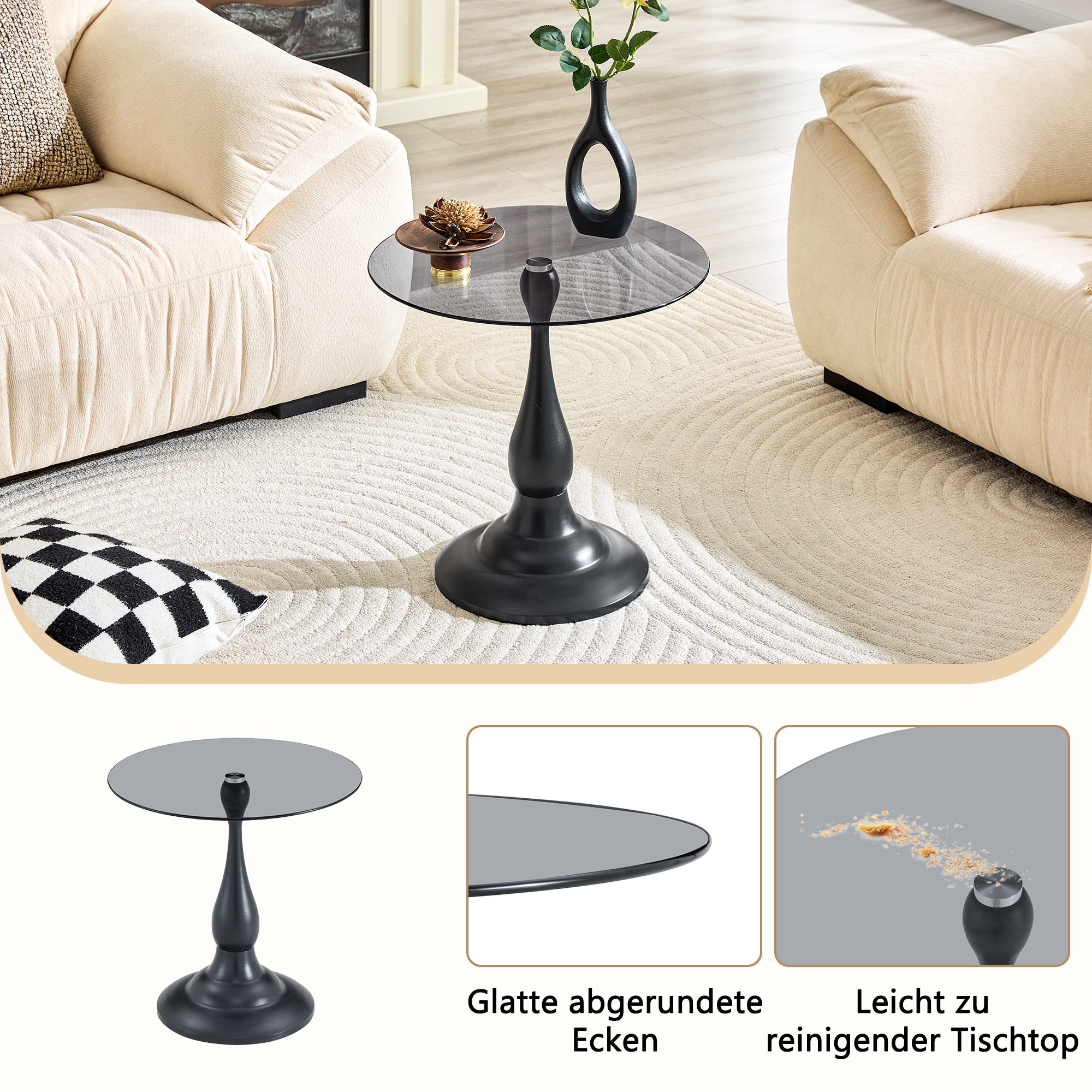 Table d’appoint ronde, table basse Ø 50 cm, verre trempé et métal, Noir