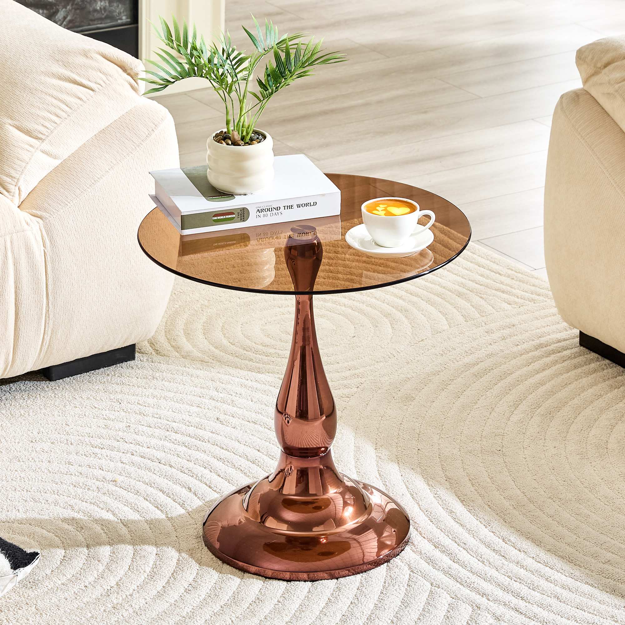 Table d’appoint ronde, table basse Ø 50 cm, verre trempé et métal, Marron