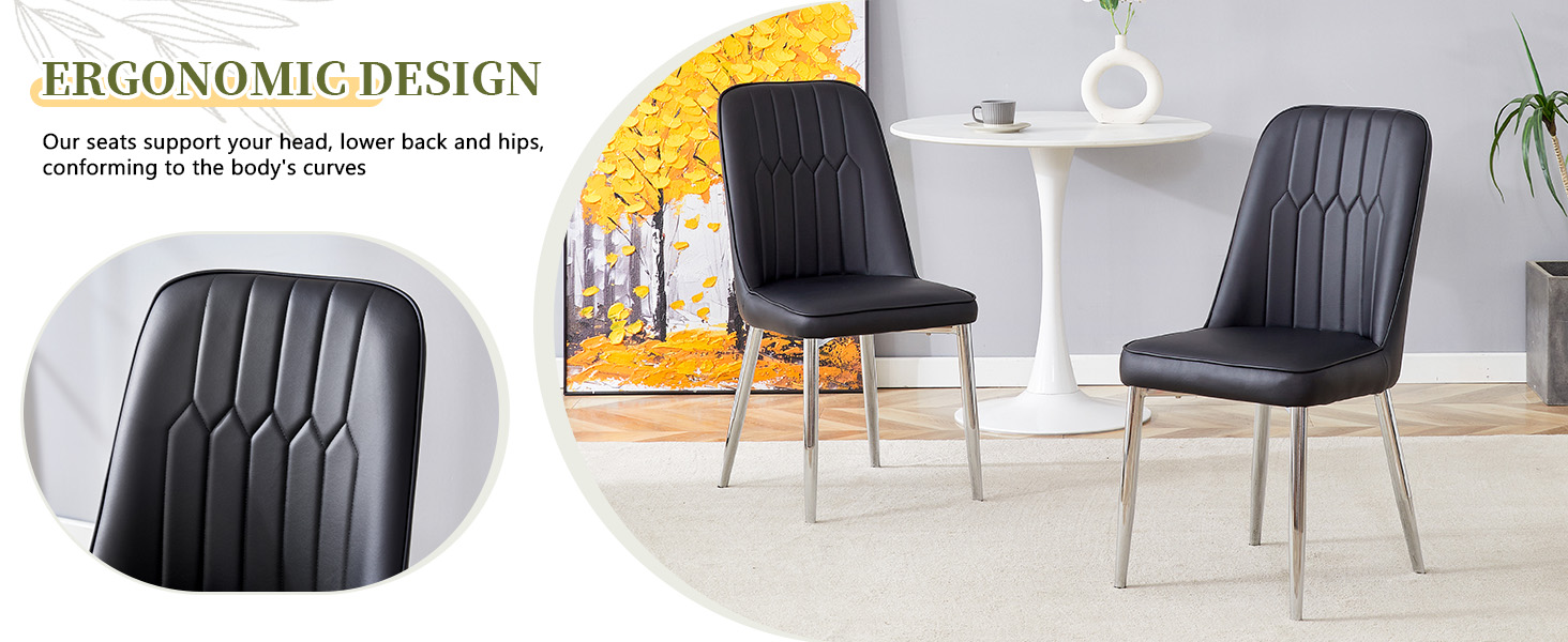 Chaise de salle à manger noire en PU cuir, pieds métal argent, dossier ergonomique, pour salle à manger et salon, design moderne industriel, soutien lombaire, haute capacité, style élégant minimaliste - image 7