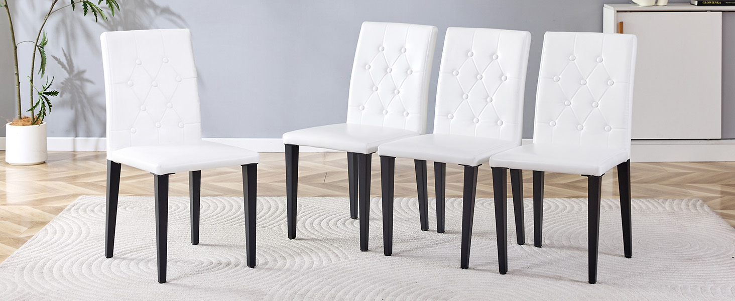 Chaise de salle à manger PU blanc, mousse 5 cm, dossier losange capitonné, pieds métal noir mat, assise 42×43 cm, pour salle à manger, design européen classique, confort durable, style luxueux, stabilité, facile entretien - image 9