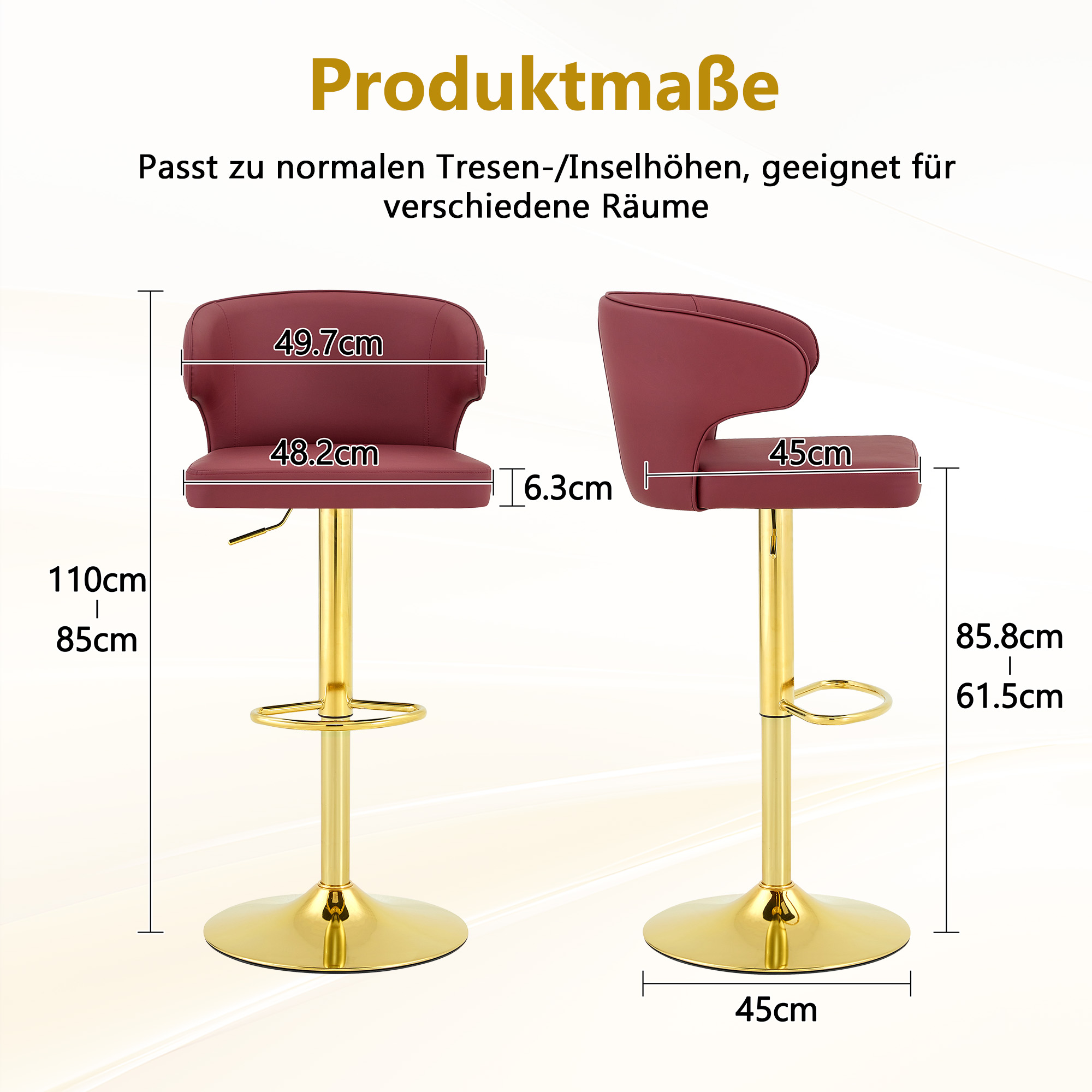 Tabouret de bar, lot de 2, rotation à 360°, hauteur réglable, 49,7 x 45 x 110 cm, PU, Red - vue 3