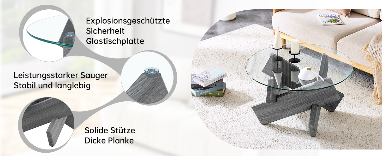 Table basse avec plateau verre 0.8 cm, pieds MDF gris texturé, support croix créatif, pour salon, design transparent artistique, stabilité, style moderne, décoration, facile entretien, élégance - image 5