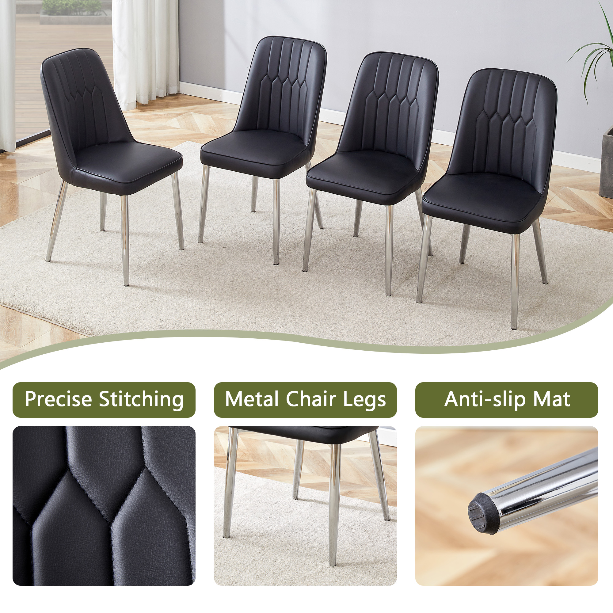 Chaise de salle à manger noire en PU cuir, pieds métal argent, dossier ergonomique, pour salle à manger et salon, design moderne industriel, soutien lombaire, haute capacité, style élégant minimaliste - image 2