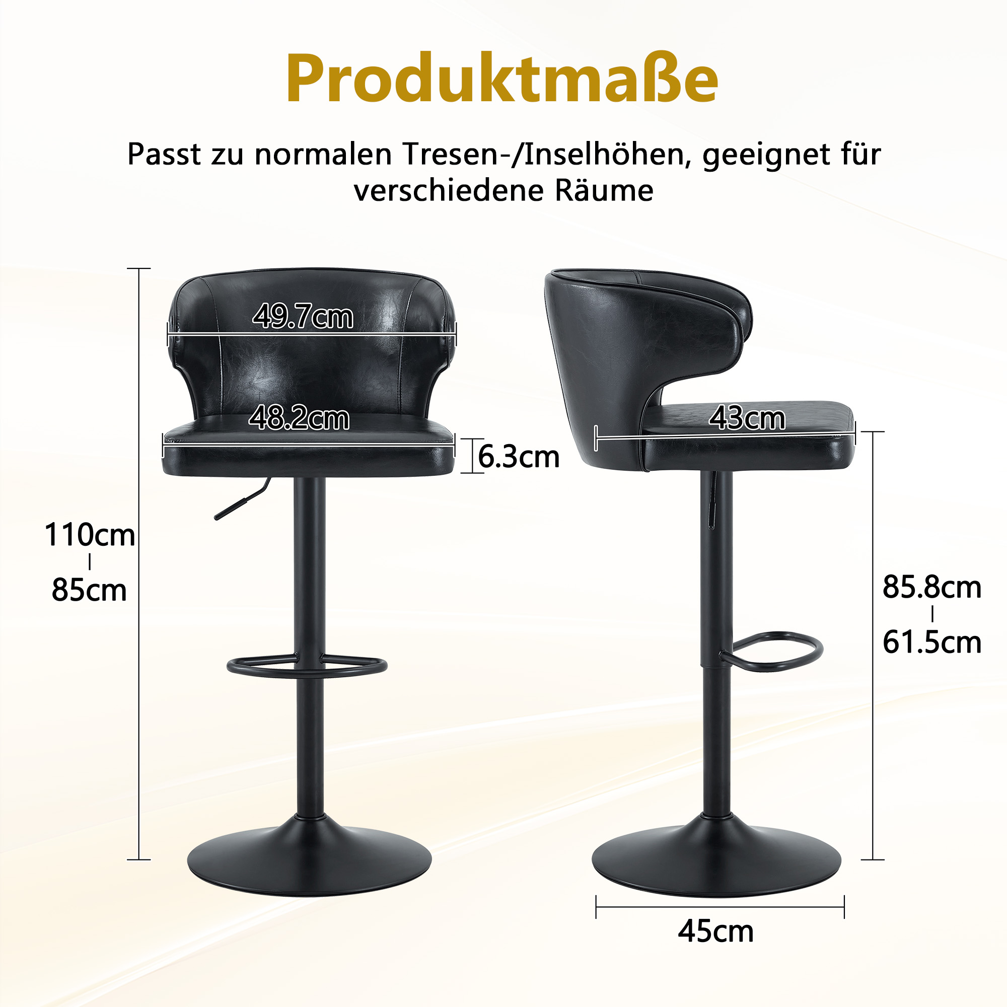 Tabouret de bar, lot de 2, rotation à 360°, hauteur réglable, 49,7 x 45 x 110 cm, PU, noir - vue 4