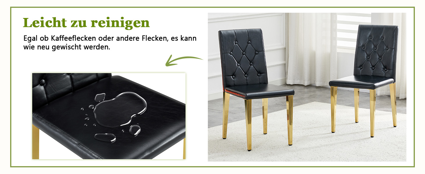 Chaise de salle à manger PU noir avec dossier losange capitonné, mousse 5 cm, assise 42×43 cm, pieds métal doré brillant, pour salle à manger, design européen classique, confort durable, style luxueux, stabilité - image 8