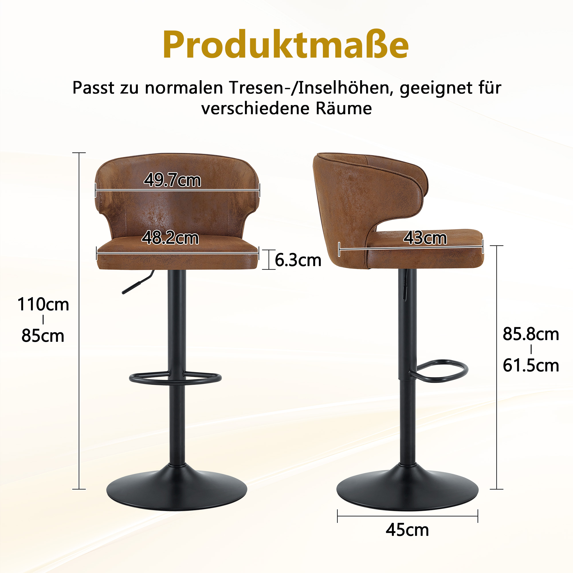 Tabouret de bar, lot de 2, rotation à 360°, hauteur réglable, 49,7 x 45 x 110 cm, tissu, marron - vue 3