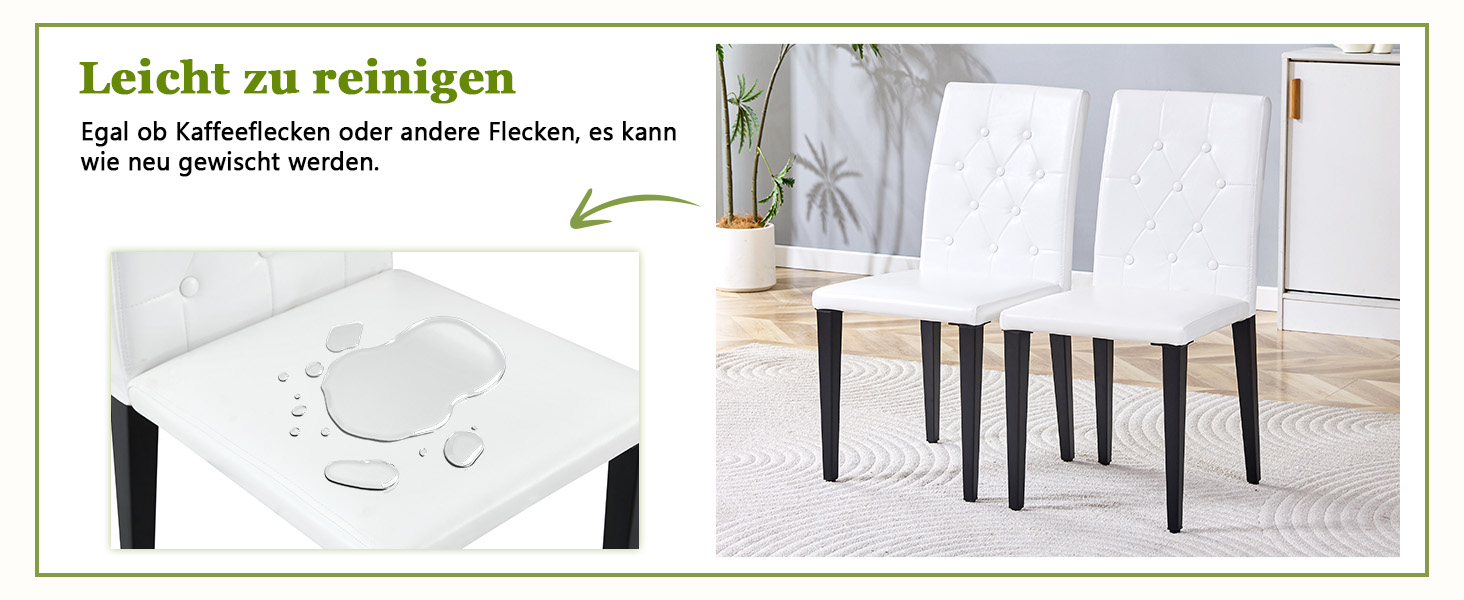 Chaise de salle à manger PU blanc, mousse 5 cm, dossier losange capitonné, pieds métal noir mat, assise 42×43 cm, pour salle à manger, design européen classique, confort durable, style luxueux, stabilité, facile entretien - image 11