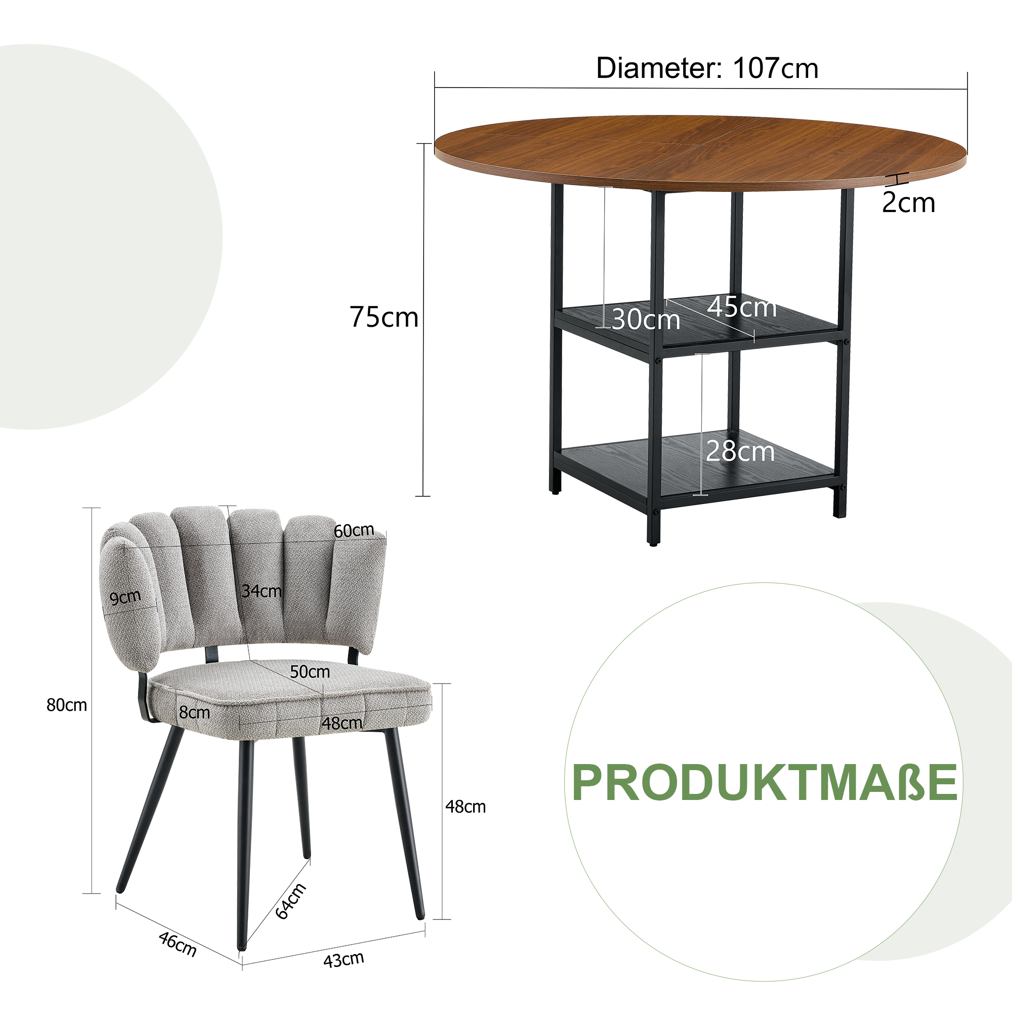 Ensemble table et chaises, 3 pièces, 1 table + 2 chaises, rangement intégré, tissu et métal, noyer - vue 3