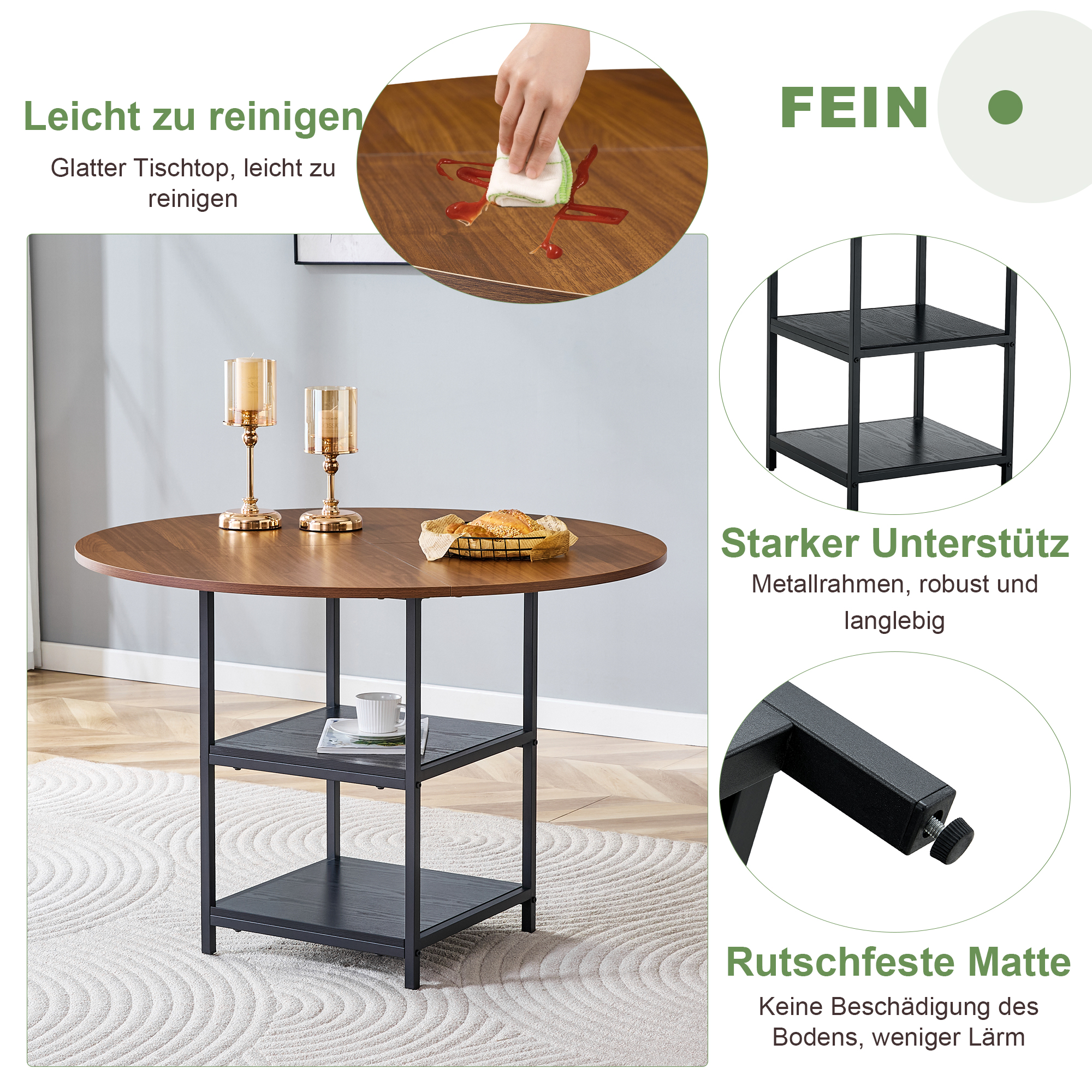 Ensemble table et chaises, 3 pièces, 1 table + 2 chaises, rangement intégré, tissu et métal, noyer - vue 9