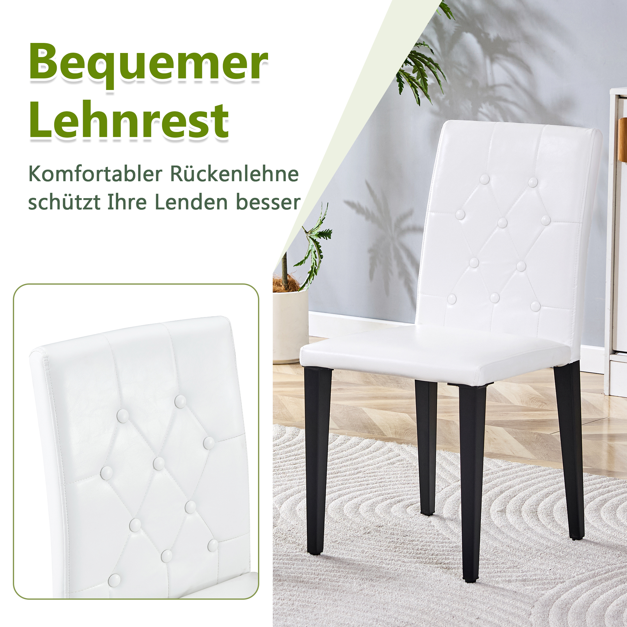 Chaise de salle à manger PU blanc, mousse 5 cm, dossier losange capitonné, pieds métal noir mat, assise 42×43 cm, pour salle à manger, design européen classique, confort durable, style luxueux, stabilité, facile entretien - image 5