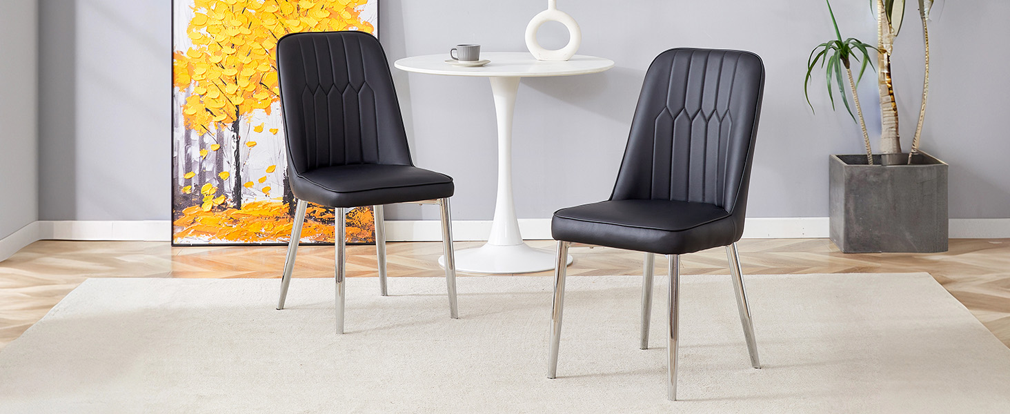 Chaise de salle à manger noire en PU cuir, pieds métal argent, dossier ergonomique, pour salle à manger et salon, design moderne industriel, soutien lombaire, haute capacité, style élégant minimaliste - image 4
