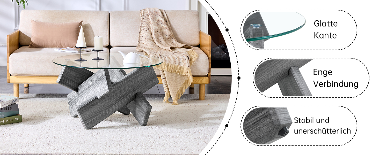 Table basse avec plateau verre 0.8 cm, pieds MDF gris texturé, support croix créatif, pour salon, design transparent artistique, stabilité, style moderne, décoration, facile entretien, élégance - image 4