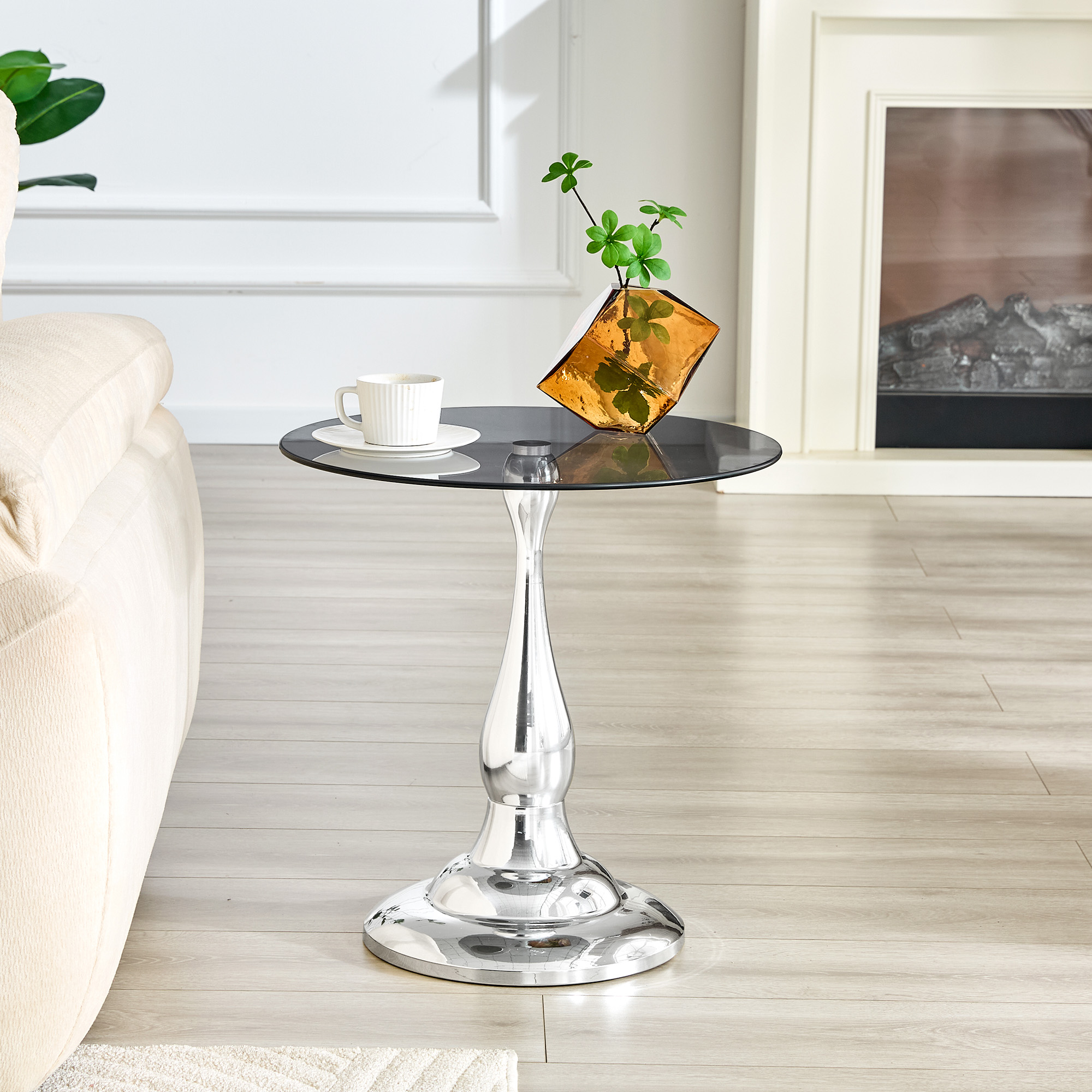 Table d’appoint ronde, table basse Ø 50 cm, verre trempé et métal, Silver