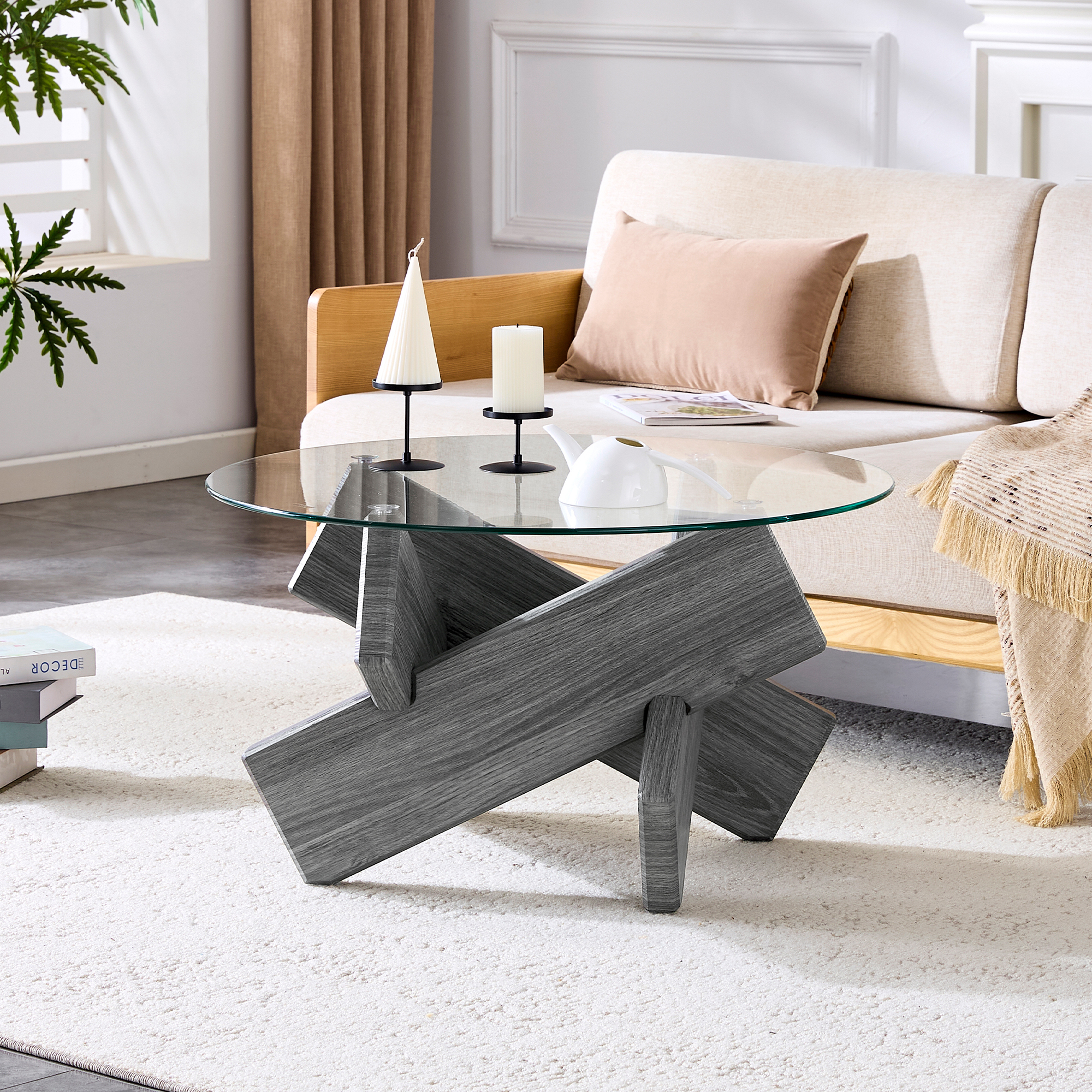 Table basse avec plateau verre 0.8 cm, pieds MDF gris texturé, support croix créatif, pour salon, design transparent artistique, stabilité, style moderne, décoration, facile entretien, élégance - image 9
