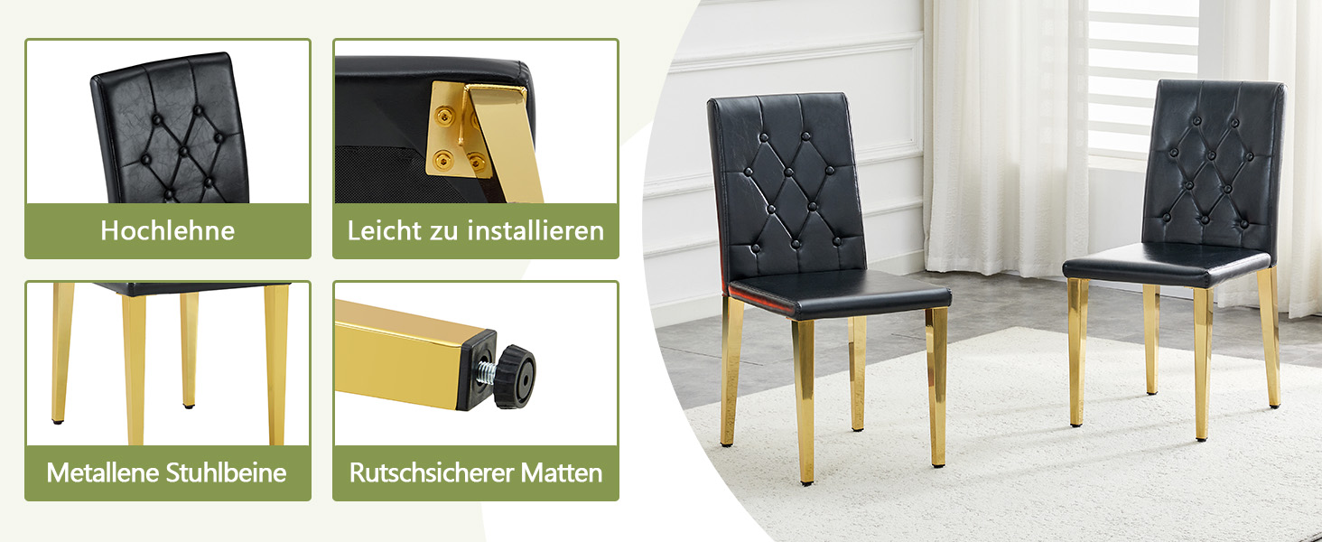 Chaise de salle à manger PU noir avec dossier losange capitonné, mousse 5 cm, assise 42×43 cm, pieds métal doré brillant, pour salle à manger, design européen classique, confort durable, style luxueux, stabilité - image 9