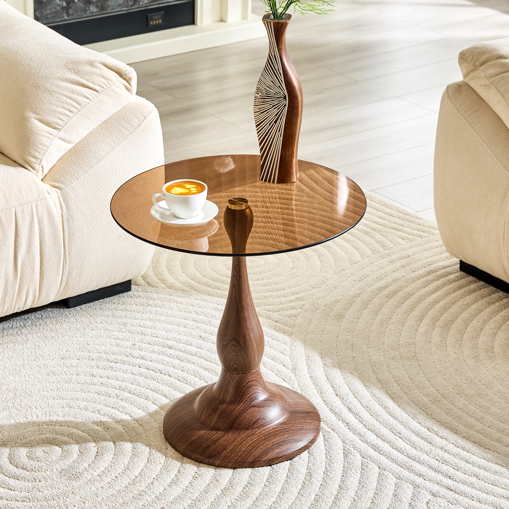 Table d’appoint ronde, table basse Ø 50 cm, verre trempé et métal, Marron