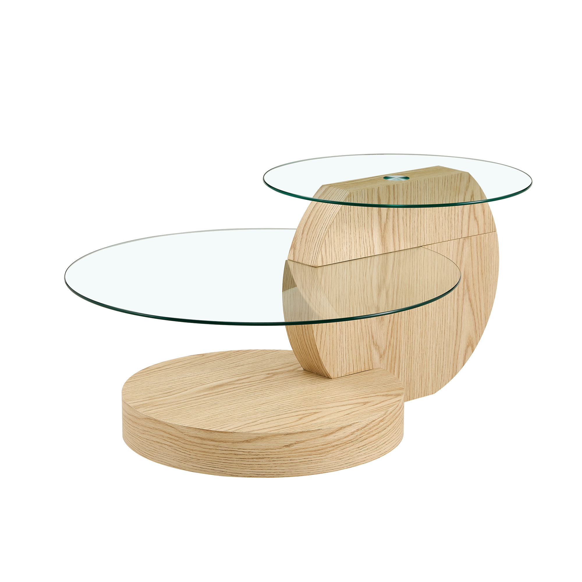 Table basse ronde, table de salon 90 x 70 x 44 cm, MDF et verre trempé, Effet bois naturel