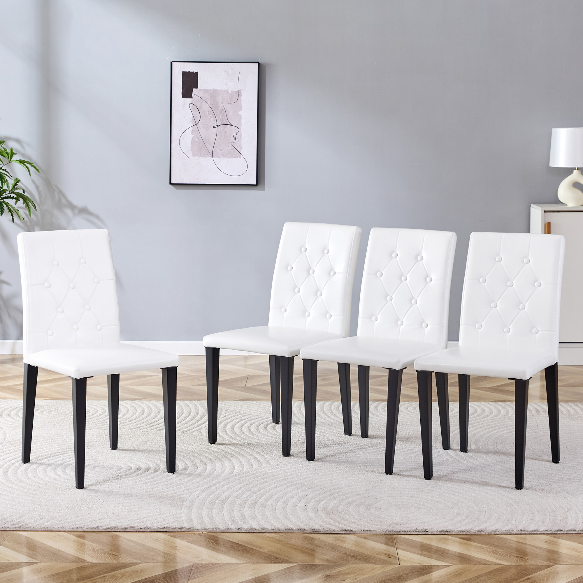 Chaise de salle à manger PU blanc, mousse 5 cm, dossier losange capitonné, pieds métal noir mat, assise 42×43 cm, pour salle à manger, design européen classique, confort durable, style luxueux, stabilité, facile entretien - image 2