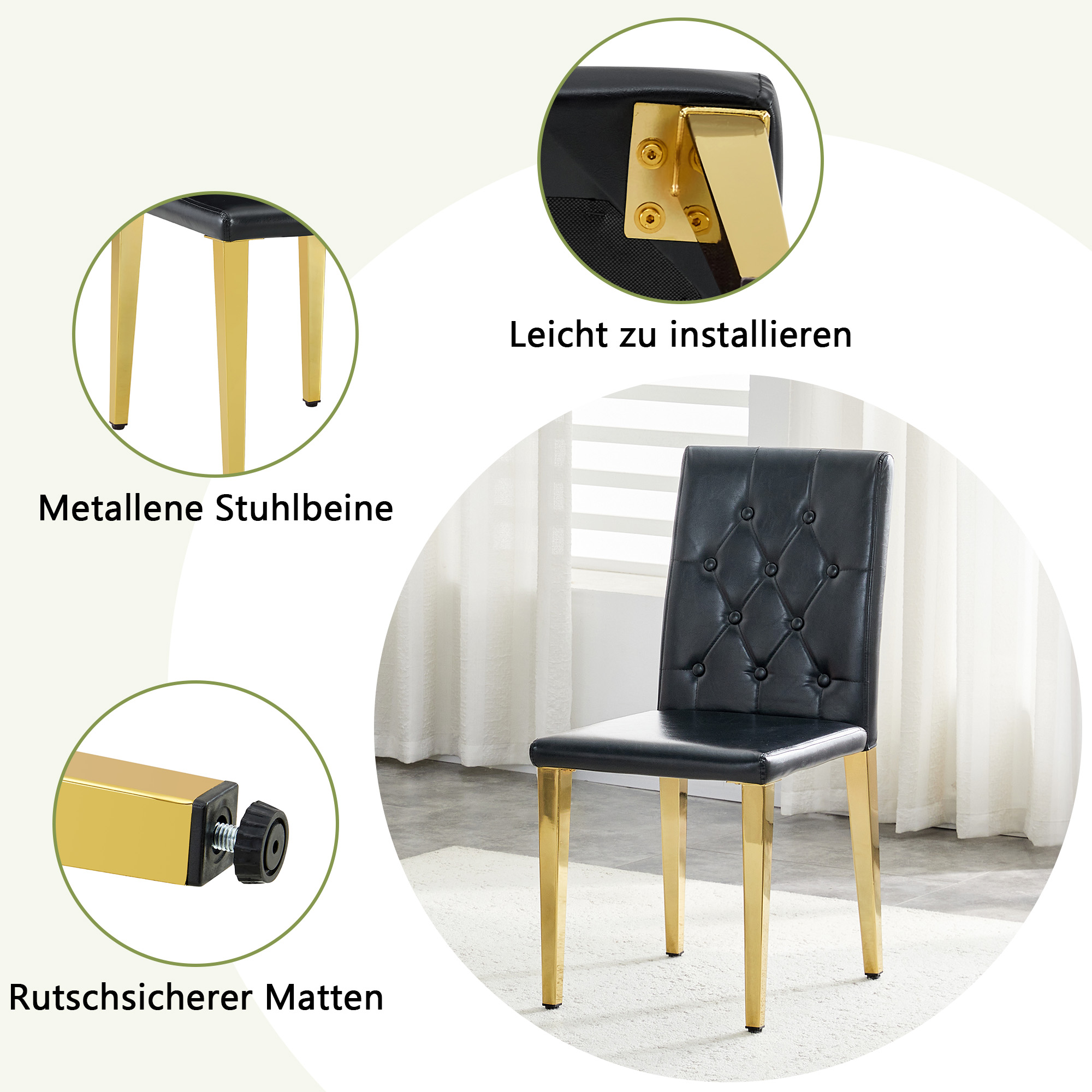 Chaise de salle à manger PU noir avec dossier losange capitonné, mousse 5 cm, assise 42×43 cm, pieds métal doré brillant, pour salle à manger, design européen classique, confort durable, style luxueux, stabilité - image 6