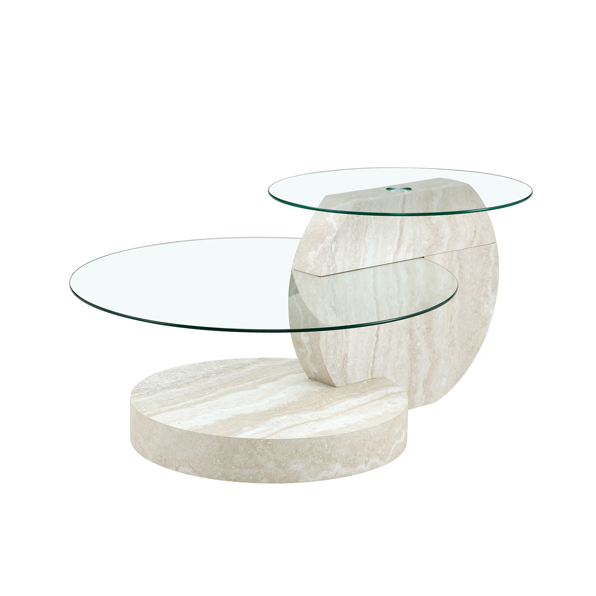 Table basse ronde, table de salon 90 x 70 x 44 cm, MDF et verre trempé, Gris clair, effet noyer