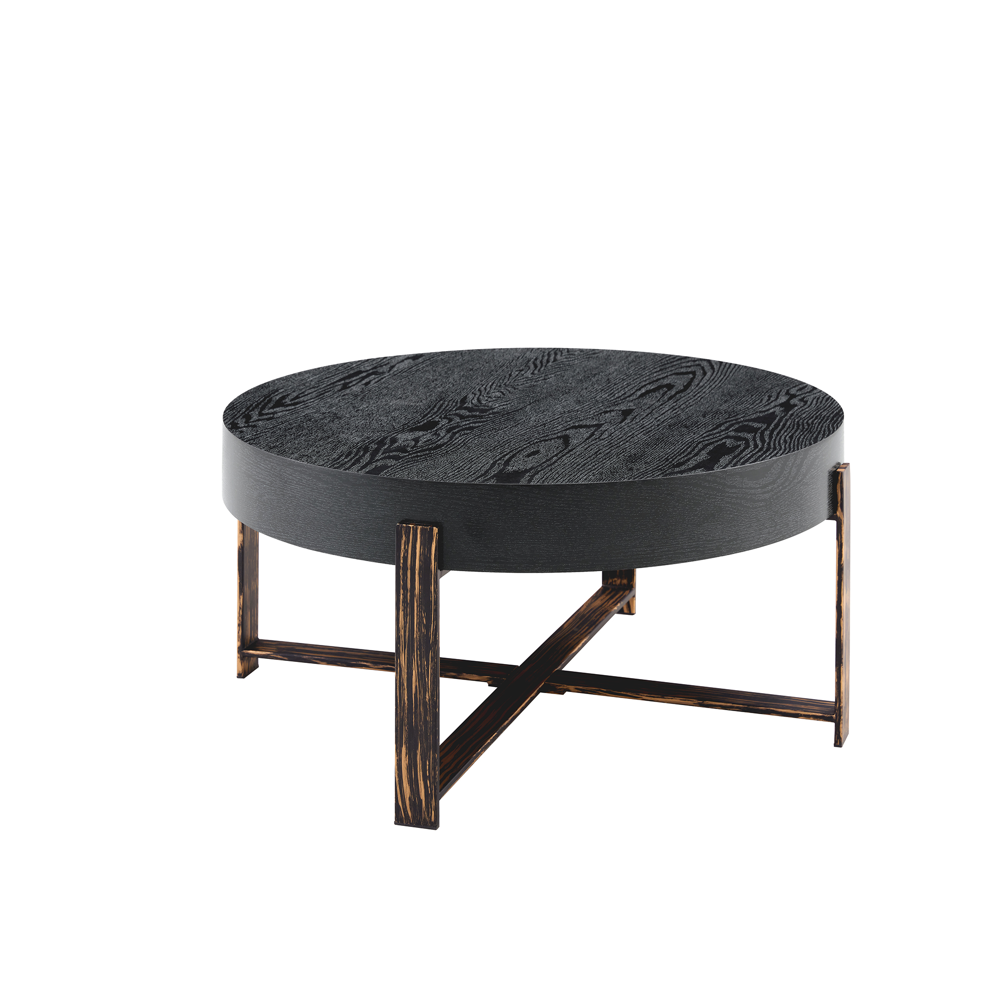Table basse ronde Ø68 cm, MDF 10 cm imitation bois noir, pieds métal croix bronze antique, hauteur 36 cm, pour salon, design vintage industriel, stabilité, style élégant, facile entretien, décoration - image 10