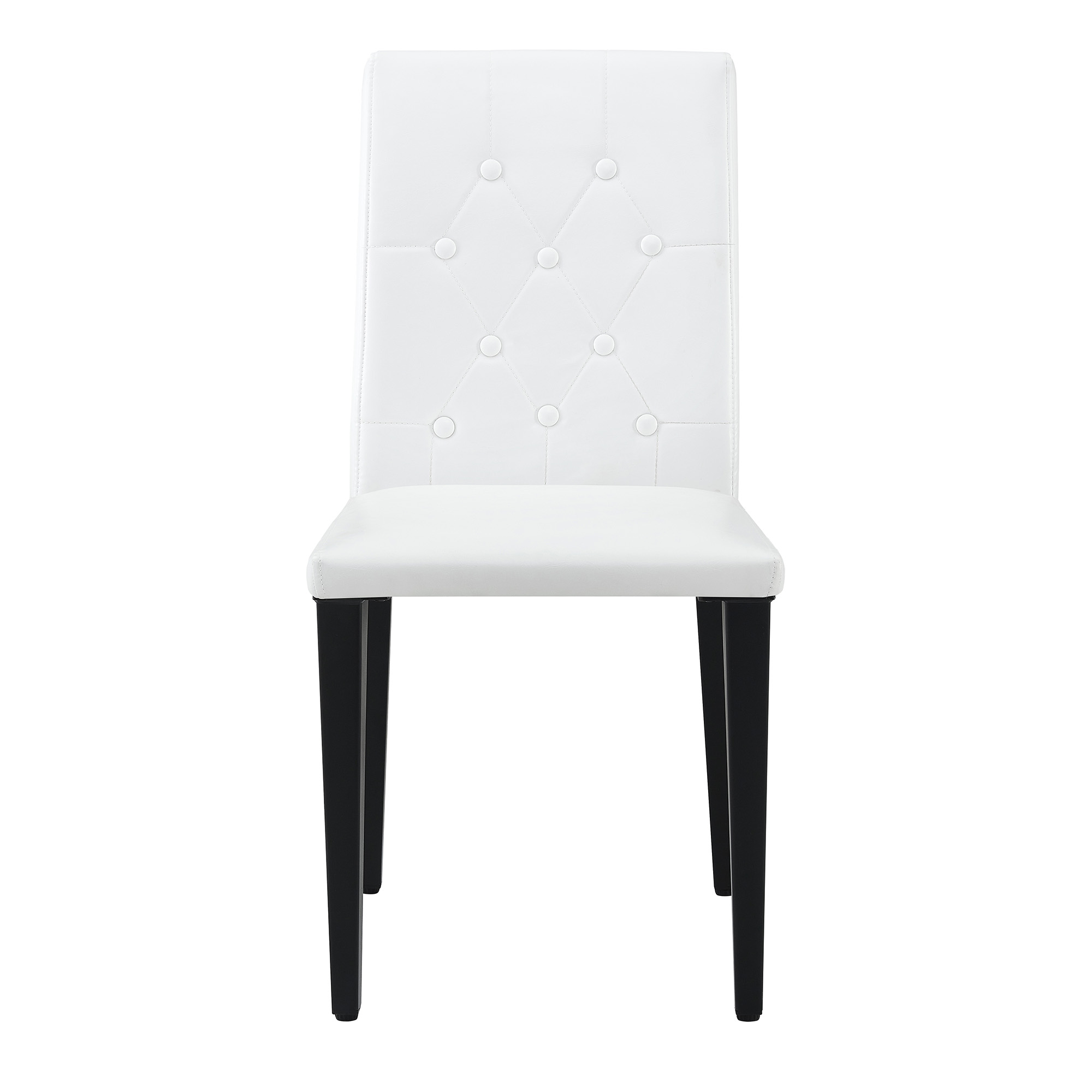Chaise de salle à manger PU blanc, mousse 5 cm, dossier losange capitonné, pieds métal noir mat, assise 42×43 cm, pour salle à manger, design européen classique, confort durable, style luxueux, stabilité, facile entretien - image 19