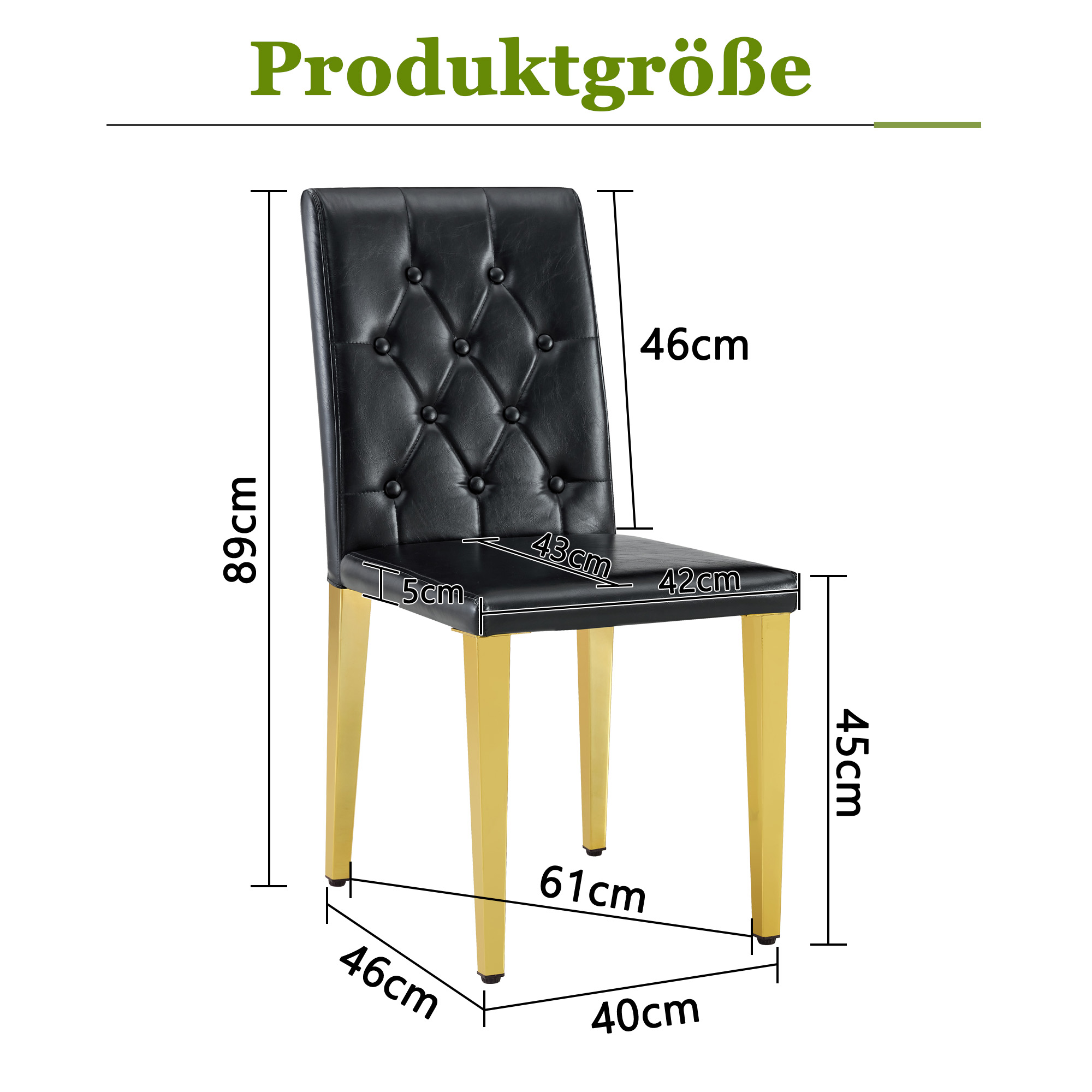 Chaise de salle à manger PU noir avec dossier losange capitonné, mousse 5 cm, assise 42×43 cm, pieds métal doré brillant, pour salle à manger, design européen classique, confort durable, style luxueux, stabilité - image 3