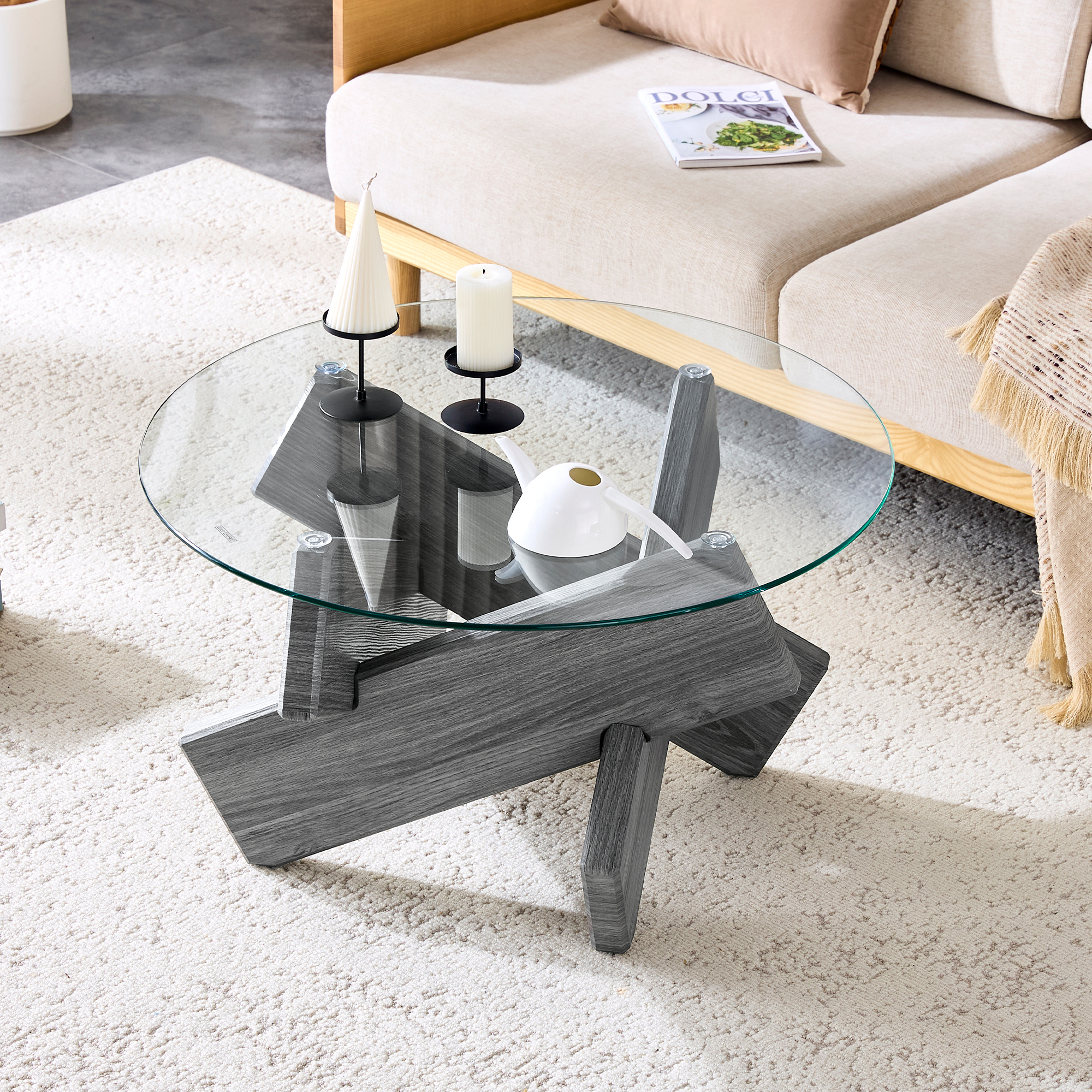 Table basse avec plateau verre 0.8 cm, pieds MDF gris texturé, support croix créatif, pour salon, design transparent artistique, stabilité, style moderne, décoration, facile entretien, élégance - image 8