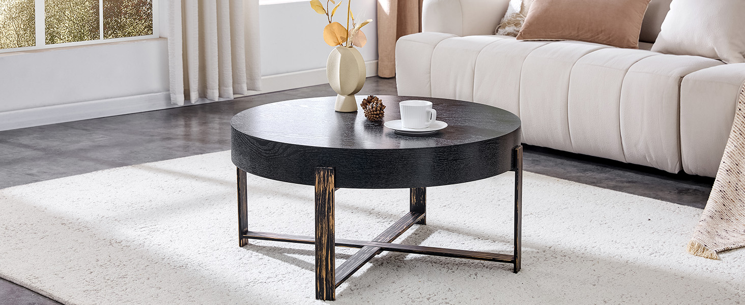 Table basse ronde Ø68 cm, MDF 10 cm imitation bois noir, pieds métal croix bronze antique, hauteur 36 cm, pour salon, design vintage industriel, stabilité, style élégant, facile entretien, décoration - image 5