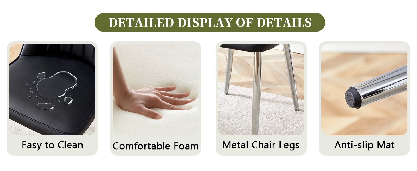 Chaise de salle à manger noire en PU cuir, pieds métal argent, dossier ergonomique, pour salle à manger et salon, design moderne industriel, soutien lombaire, haute capacité, style élégant minimaliste - image 6