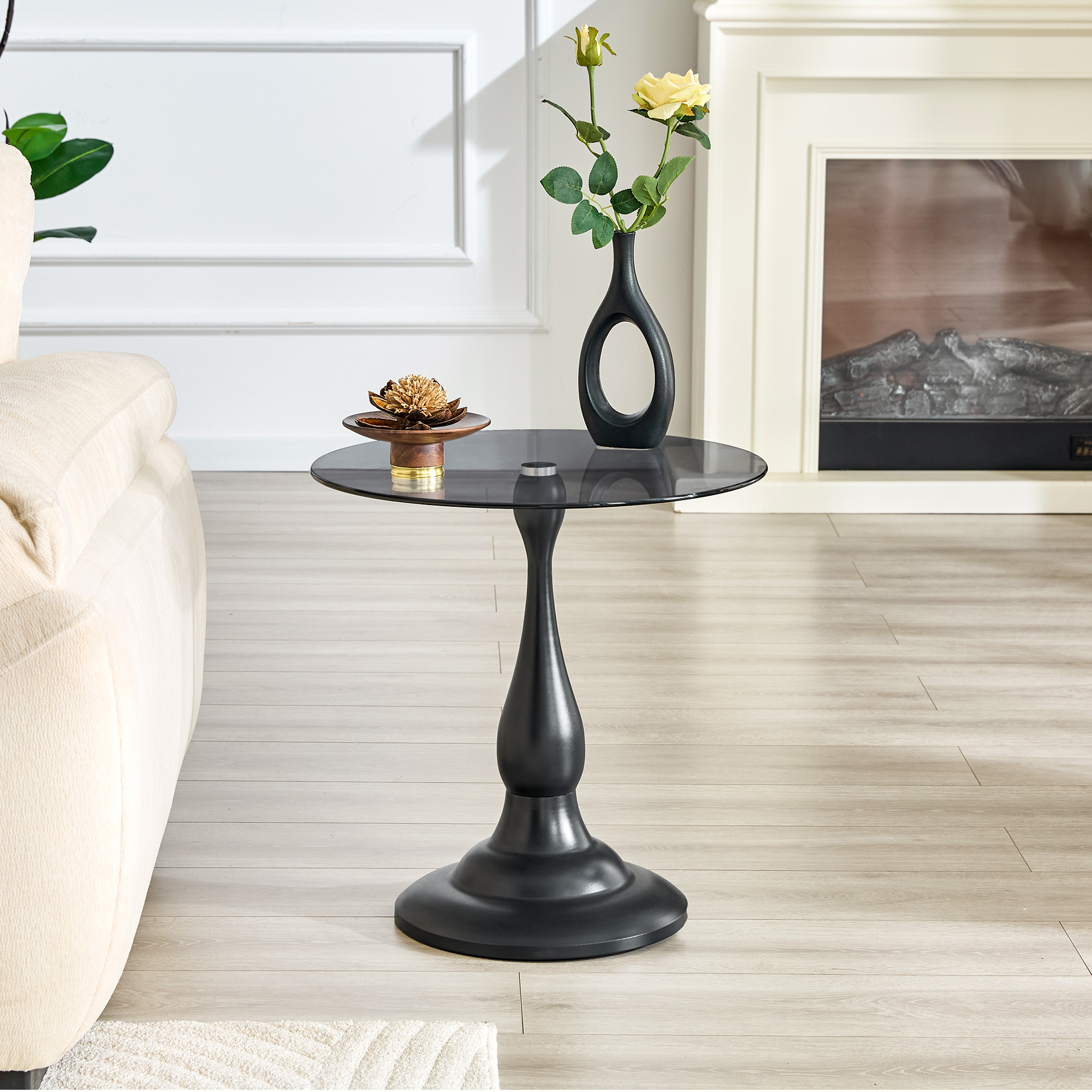Table d’appoint ronde, table basse Ø 50 cm, verre trempé et métal, Noir