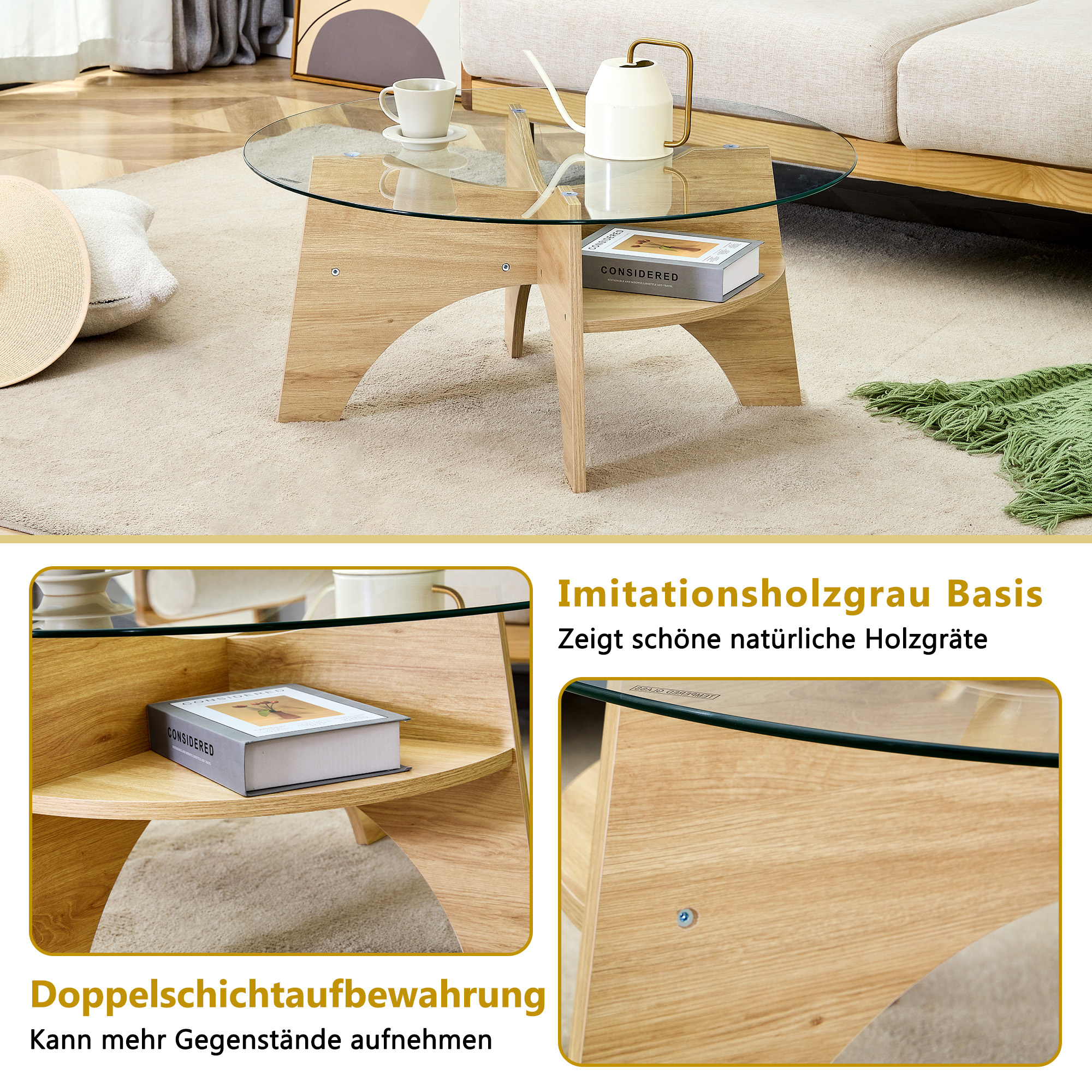 design minimaliste moderne : plateau verre transparent soutenu par structure éventail MDF ton bois naturel