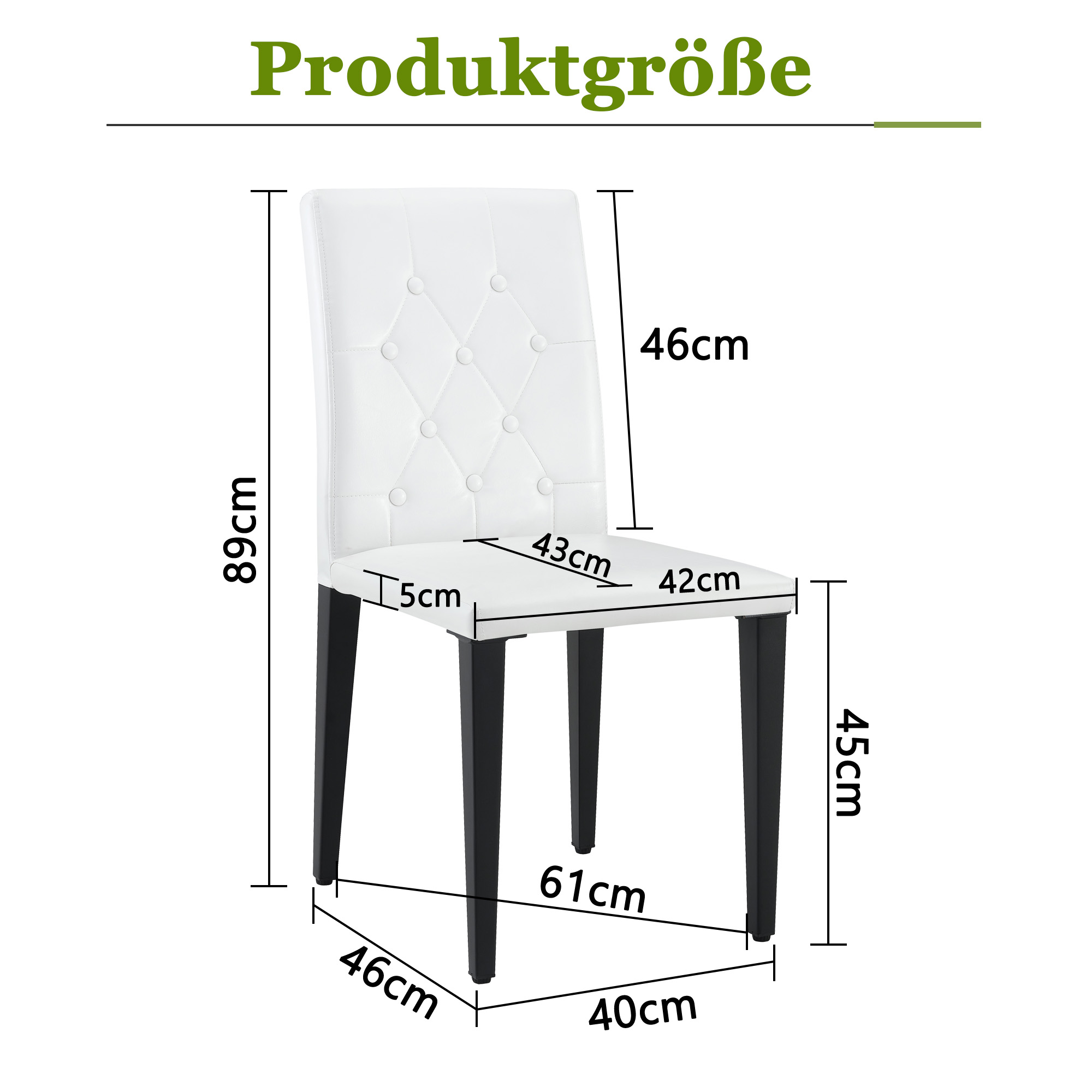 Chaise de salle à manger PU blanc, mousse 5 cm, dossier losange capitonné, pieds métal noir mat, assise 42×43 cm, pour salle à manger, design européen classique, confort durable, style luxueux, stabilité, facile entretien - image 4